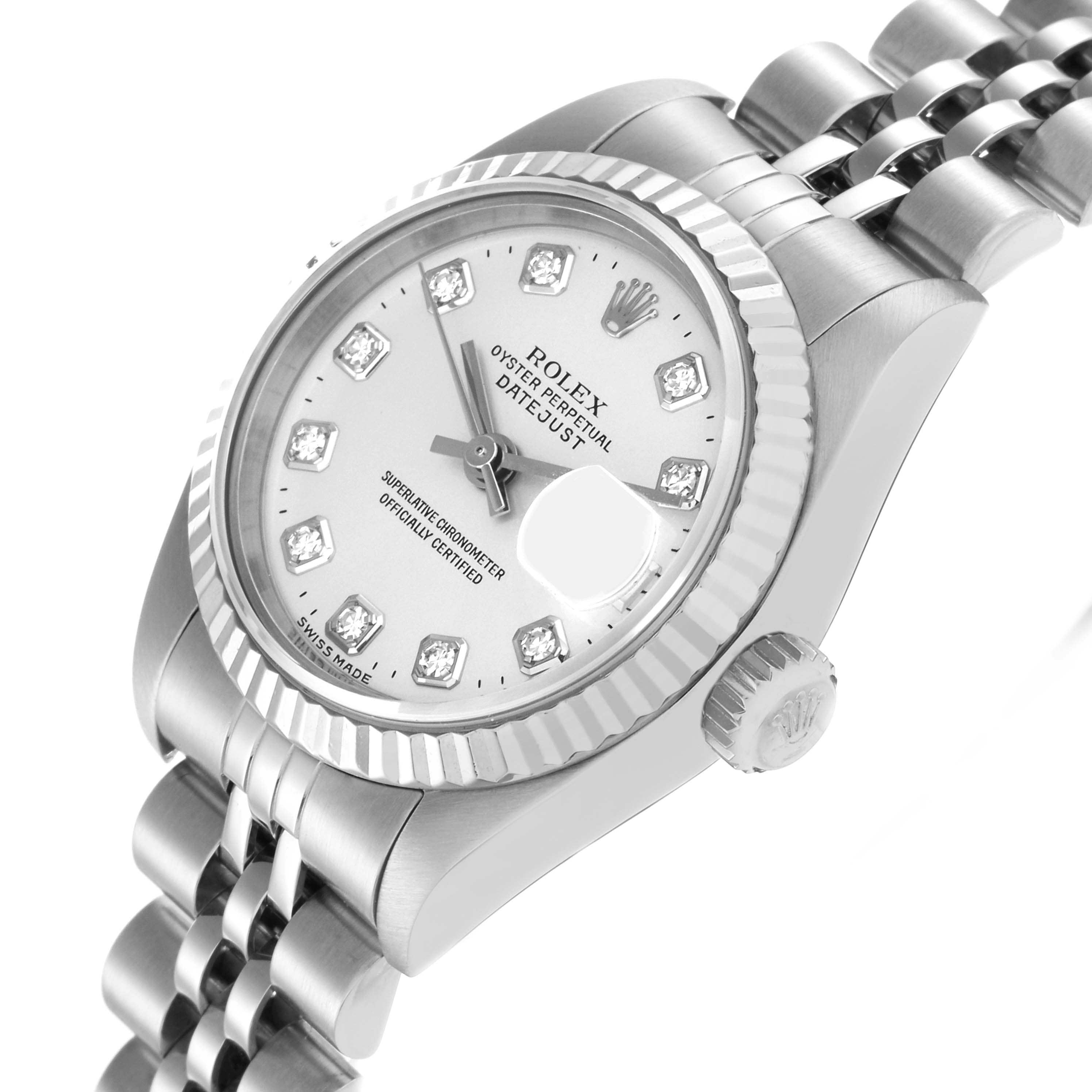 The Rolex Datejust 79174 Women
s Stainless Steel Silver Dial 79174 Women
s Stainless Steel Silver Dial is shown at an angle highlighting the dial, bezel, crown, and part of the bracelet.