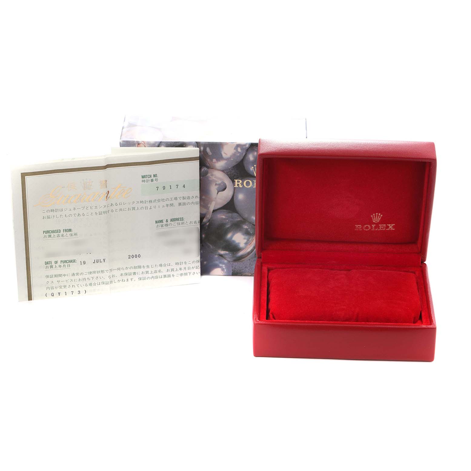 The image shows a Rolex Datejust 79174 Women
s Stainless Steel Silver Dial 79174 Women
s Stainless Steel Silver Dial watch box, warranty papers, and a manual, viewed from the front.