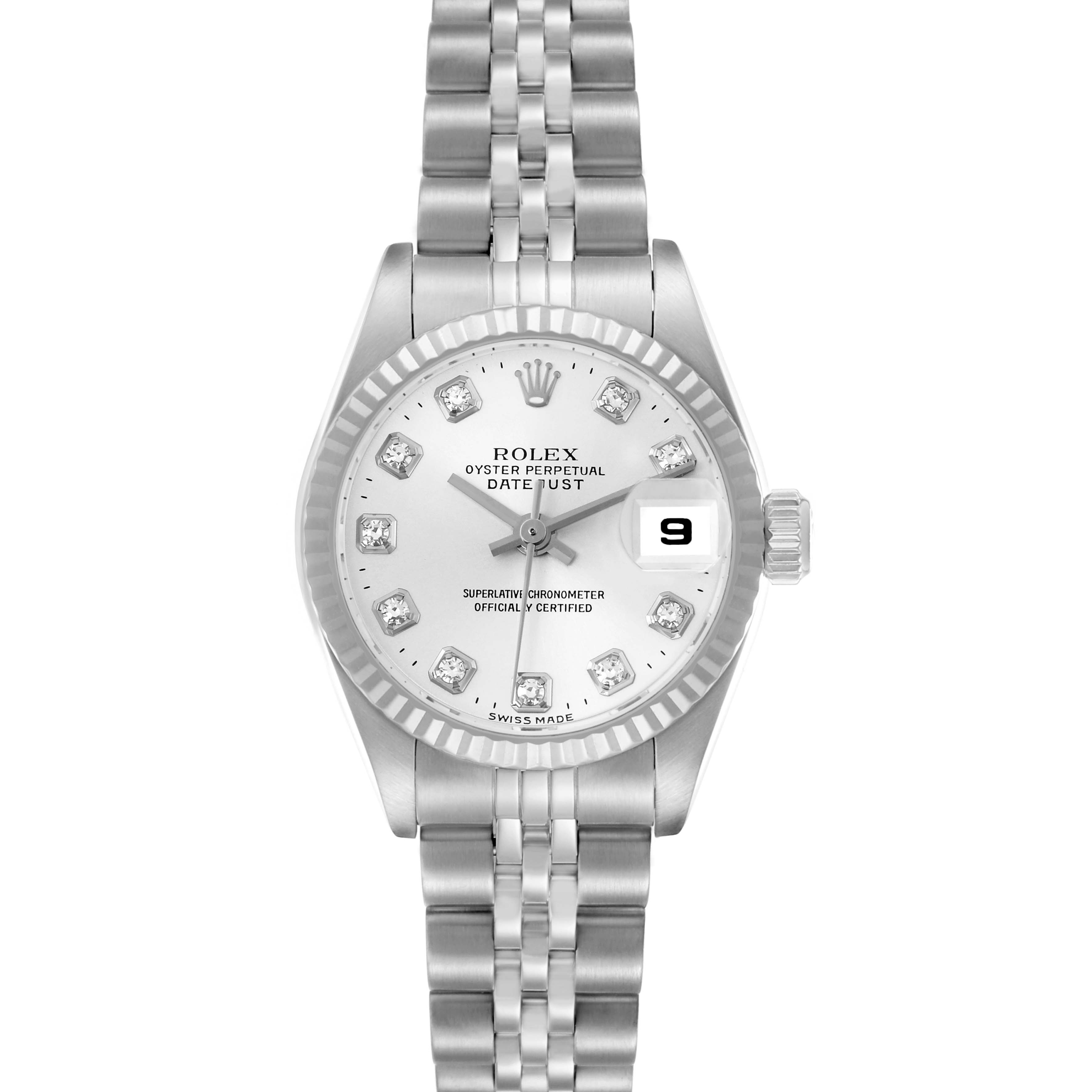 The Rolex Datejust 79174 Women
s Stainless Steel Silver Dial 79174 Women
s Stainless Steel Silver Dial watch is shown from a front angle, displaying the dial, bracelet, and date window.