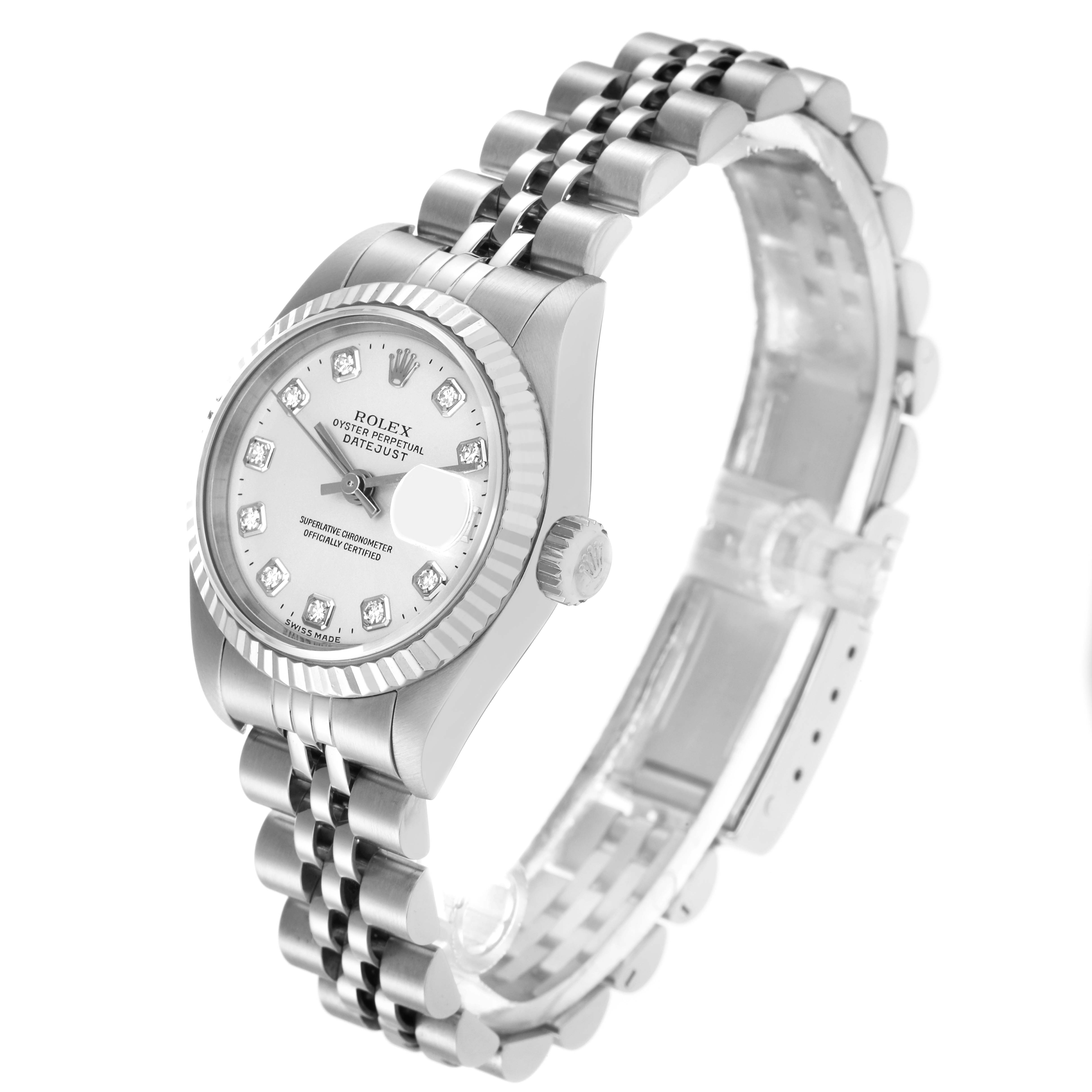 The Rolex Datejust 79174 Women
s Stainless Steel Silver Dial 79174 Women
s Stainless Steel Silver Dial watch is shown at a three-quarter angle, highlighting the face, bezel, crown, and Jubilee bracelet.