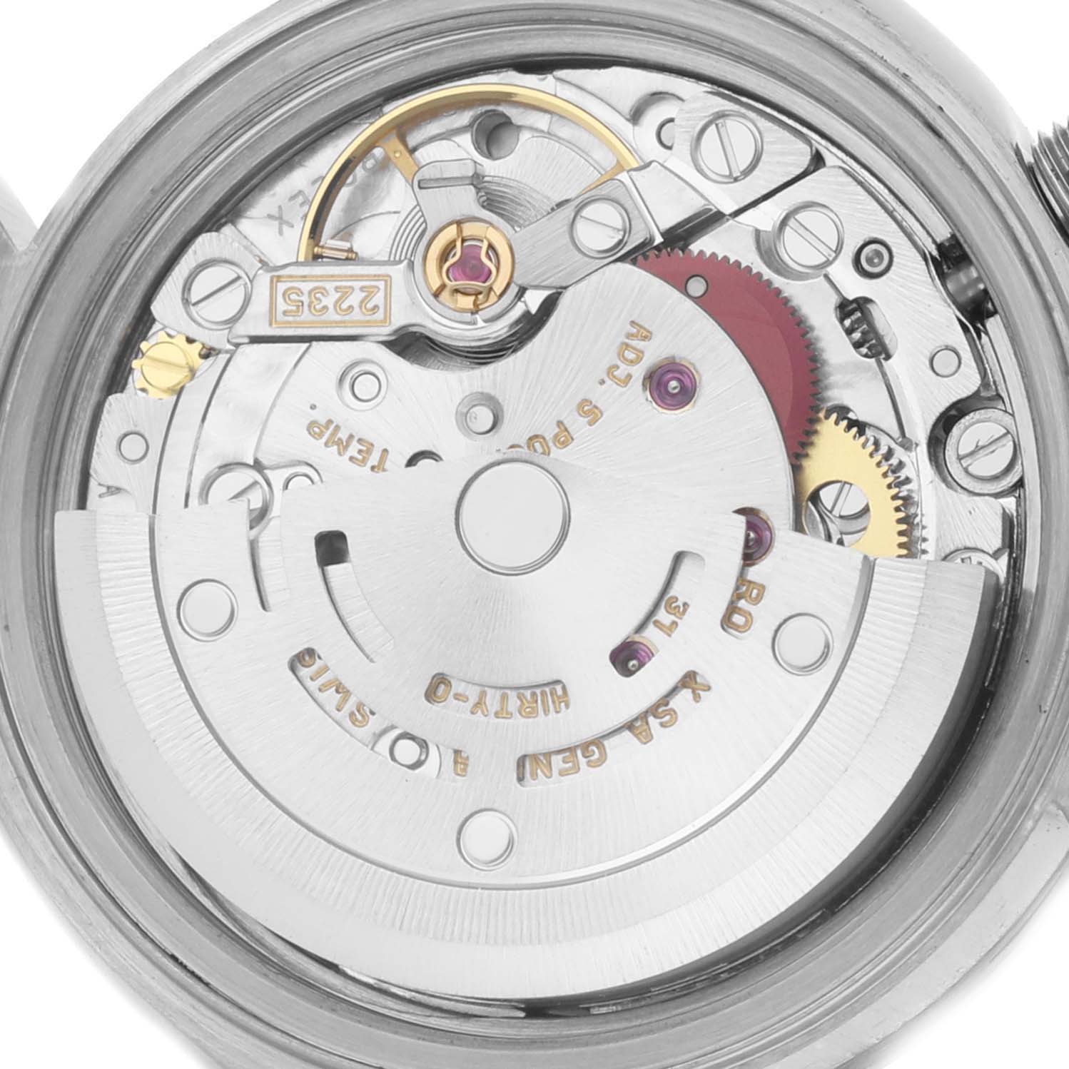 The image shows the movement mechanism of a Rolex Datejust 79174 Women
s Stainless Steel Silver Dial 79174 Women
s Stainless Steel Silver Dial watch from a top-down angle.