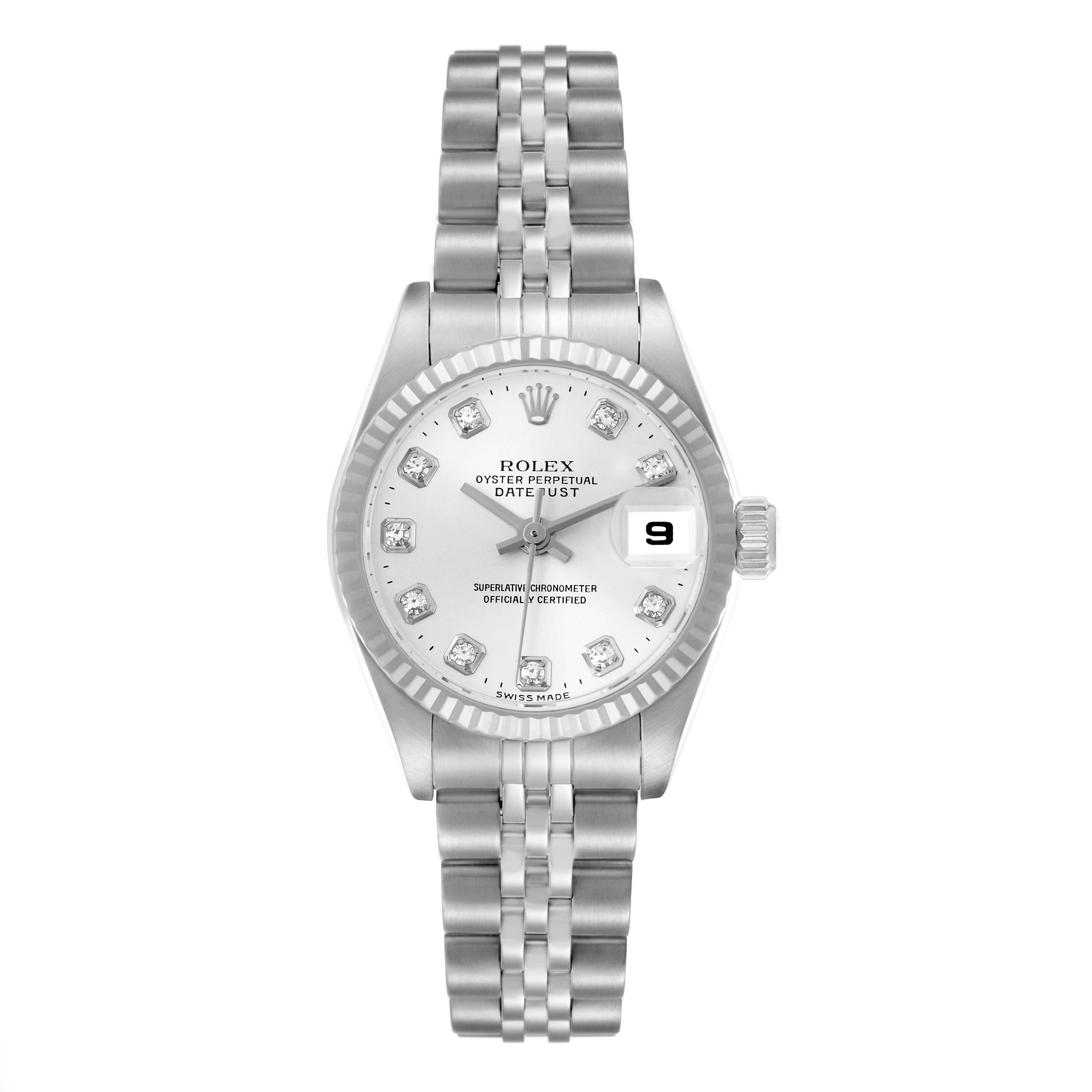 The Rolex Datejust 79174 Women
s Stainless Steel Silver Dial 79174 Women
s Stainless Steel Silver Dial watch is shown from a top-down angle, displaying its dial, bezel, bracelet, and crown.