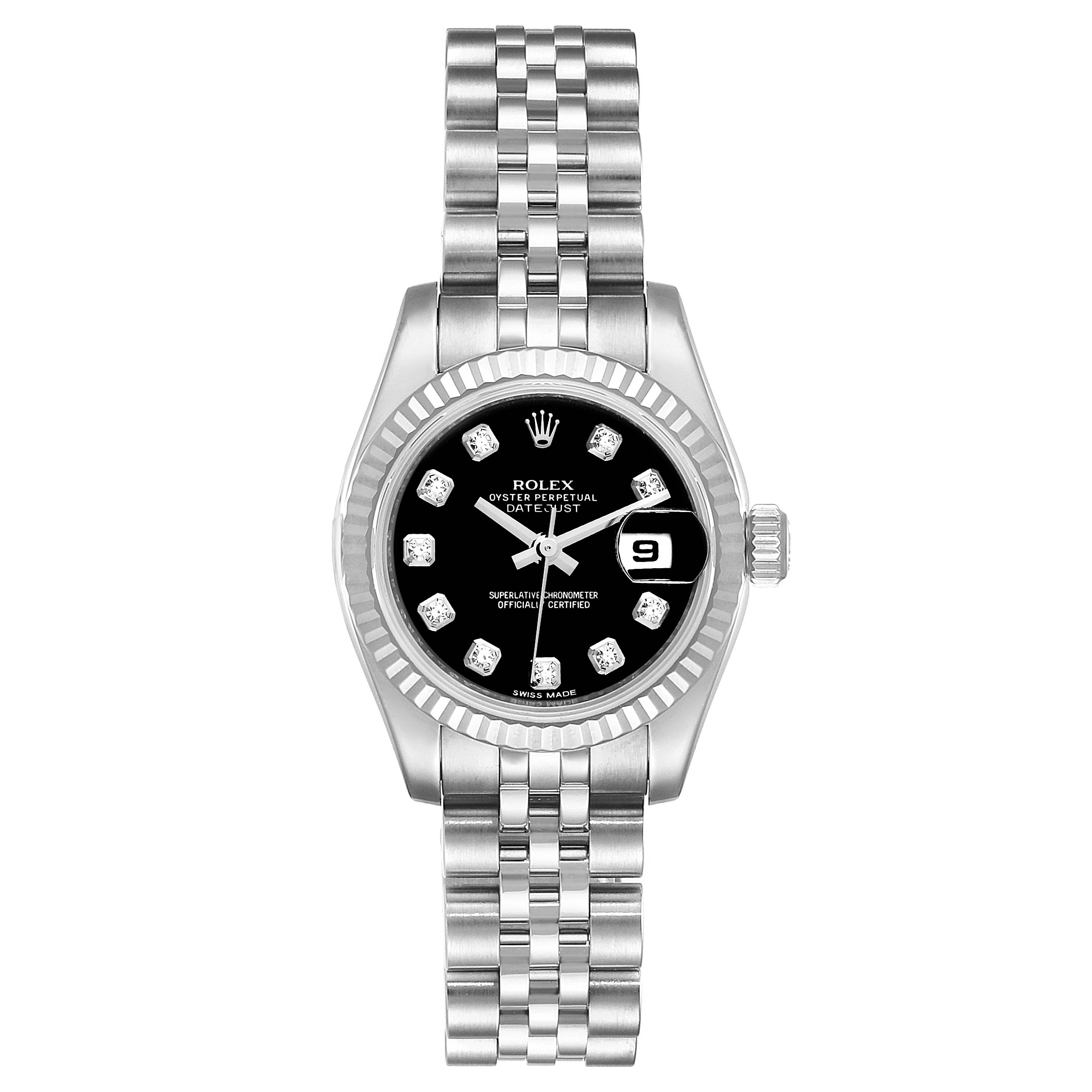 This image shows a front view of a Rolex Datejust 179174  Women
s Stainless Steel Black Dial 179174  Women
s Stainless Steel Black Dial watch, displaying the dial, bezel, case, and bracelet.
