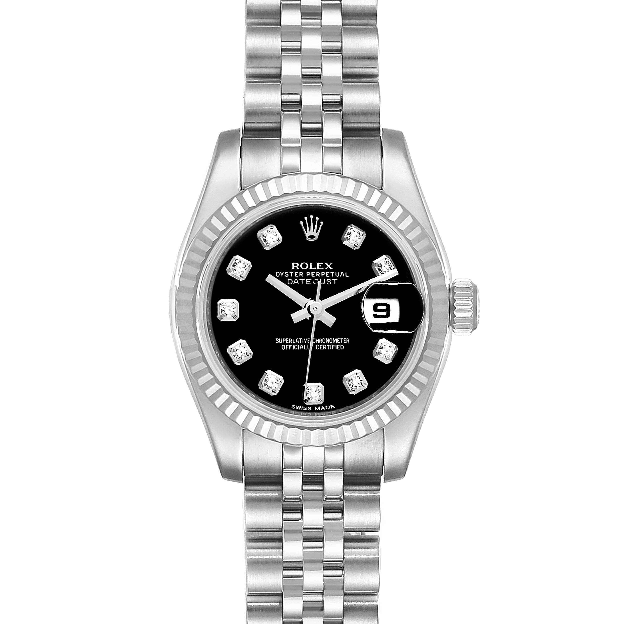 This image shows a front view of the Rolex Datejust 179174  Women
s Stainless Steel Black Dial 179174  Women
s Stainless Steel Black Dial watch including its face, bezel, and bracelet.