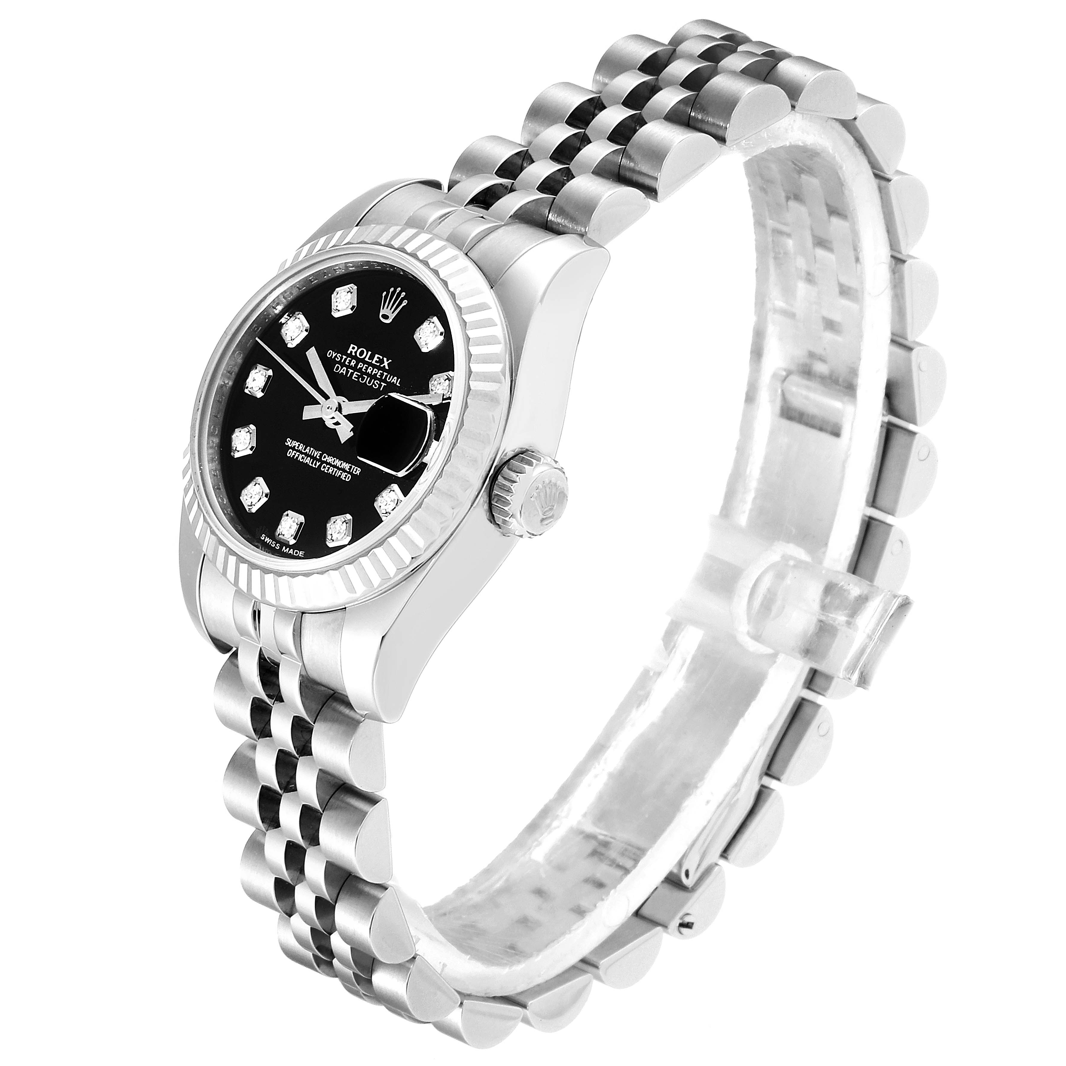 The image shows a Rolex Datejust 179174  Women
s Stainless Steel Black Dial 179174  Women
s Stainless Steel Black Dial watch at a three-quarter angle, displaying the dial, bezel, crown, and part of the bracelet.