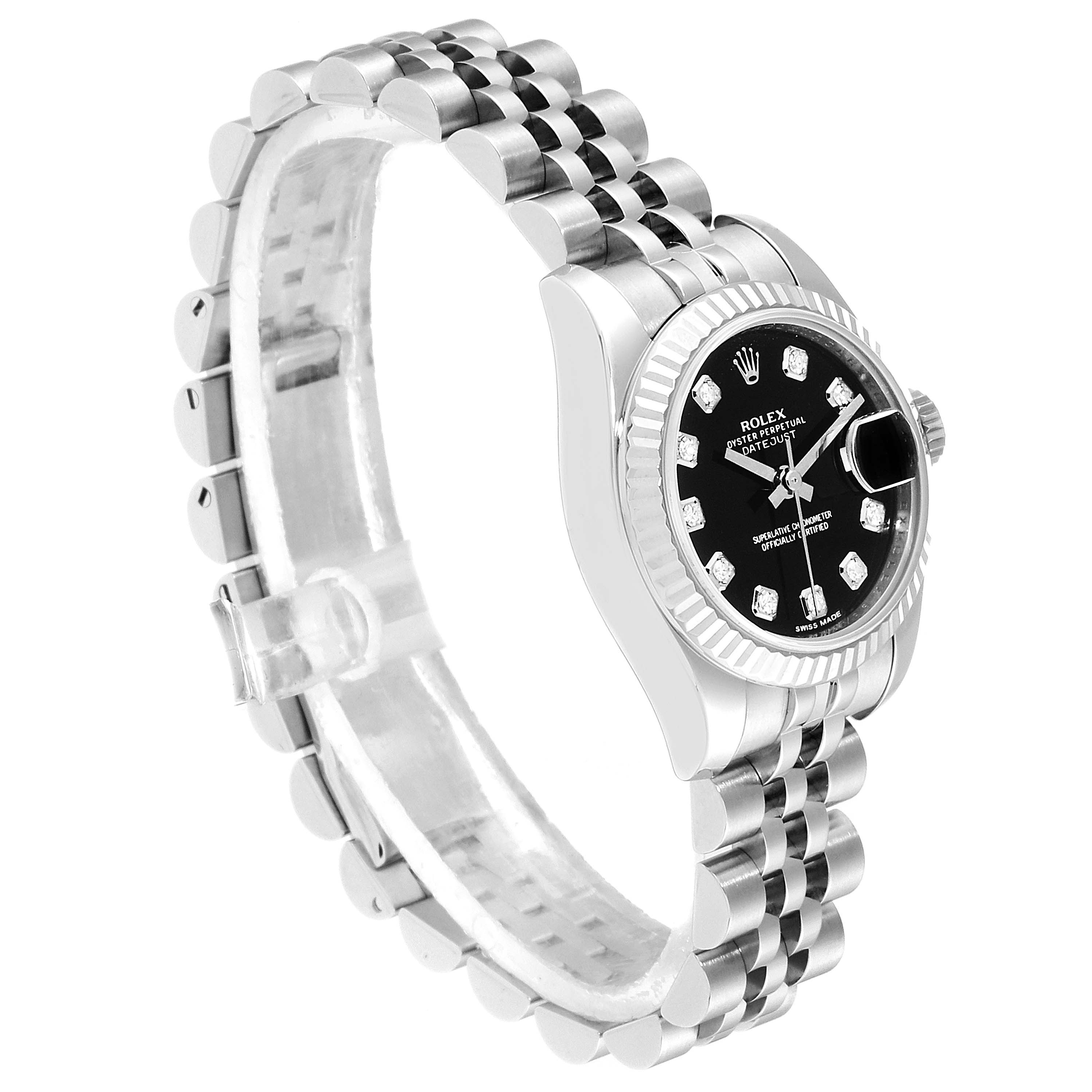 This image shows a Rolex Datejust 179174  Women
s Stainless Steel Black Dial 179174  Women
s Stainless Steel Black Dial watch at an angle displaying the face, bezel, and Jubilee bracelet.