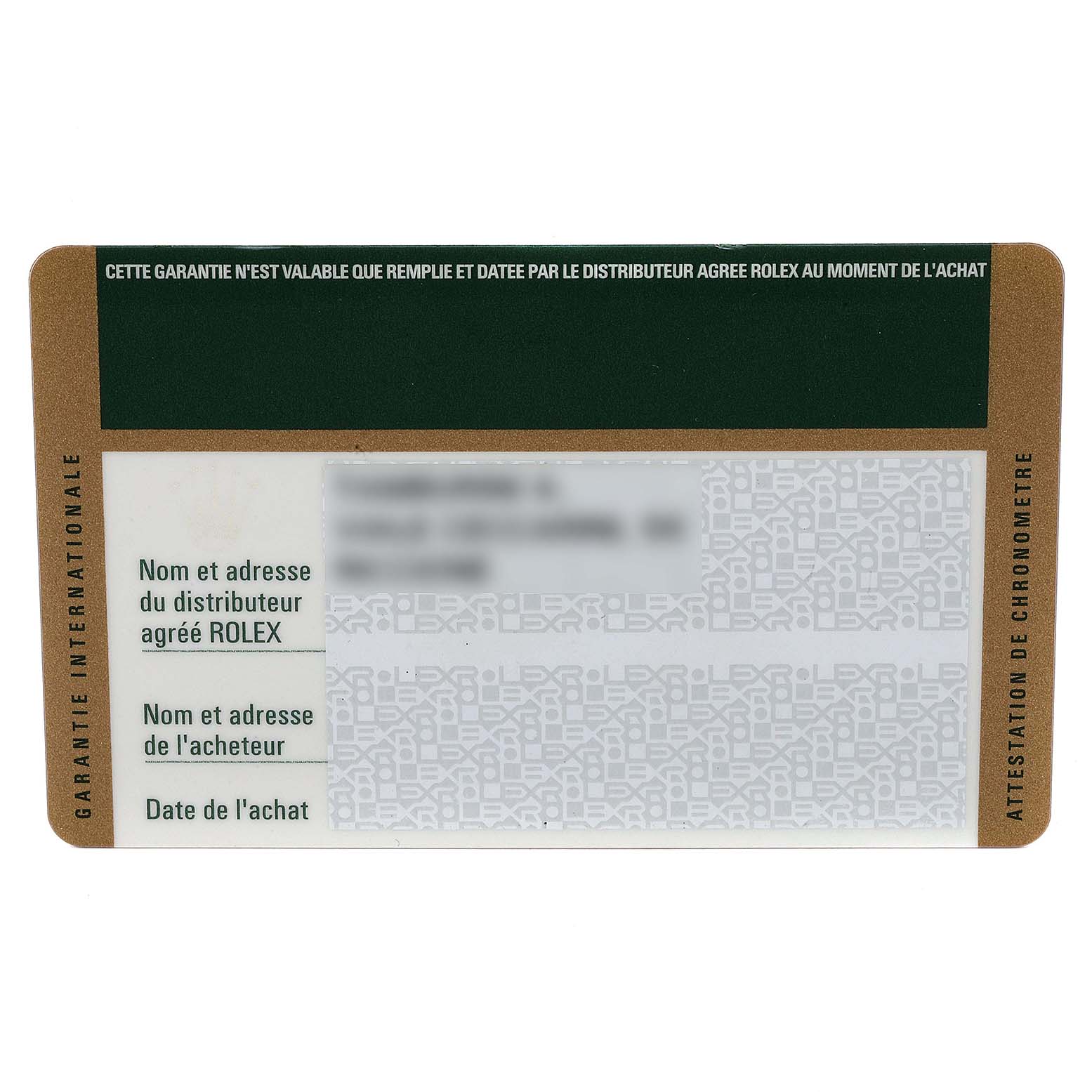 This image shows the warranty card for a Rolex Datejust 179174  Women
s Stainless Steel Black Dial 179174  Women
s Stainless Steel Black Dial watch, with text fields for distributor, buyer, and purchase date.