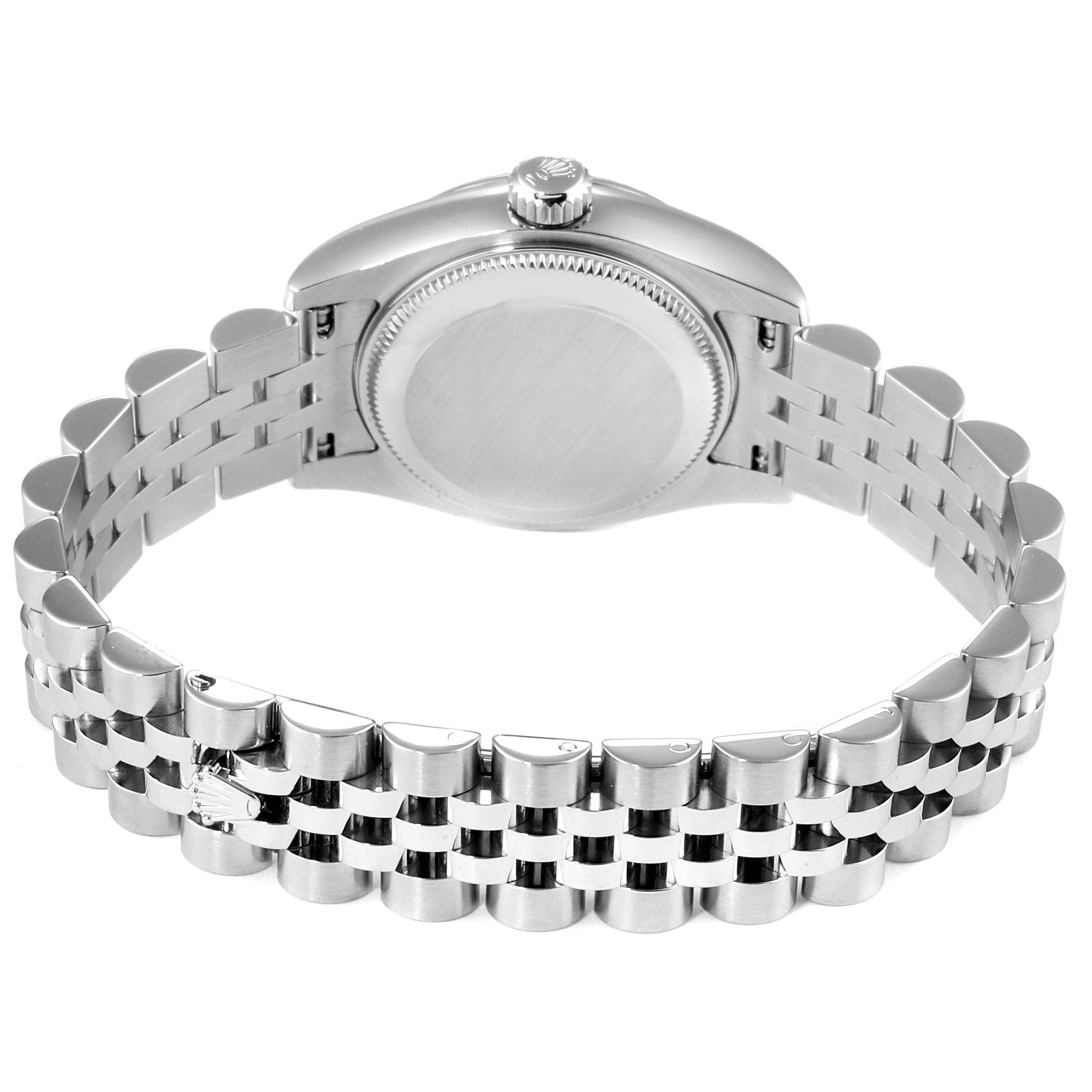 The image shows the back view of the Rolex Datejust 179174  Women
s Stainless Steel Black Dial 179174  Women
s Stainless Steel Black Dial watch, highlighting its case back and bracelet.