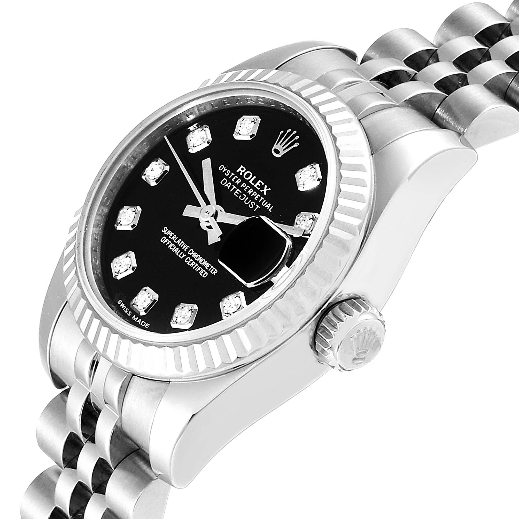 This image shows a close-up side angle of a Rolex Datejust 179174  Women
s Stainless Steel Black Dial 179174  Women
s Stainless Steel Black Dial watch, highlighting the black dial, bezel, crown, and part of the bracelet.