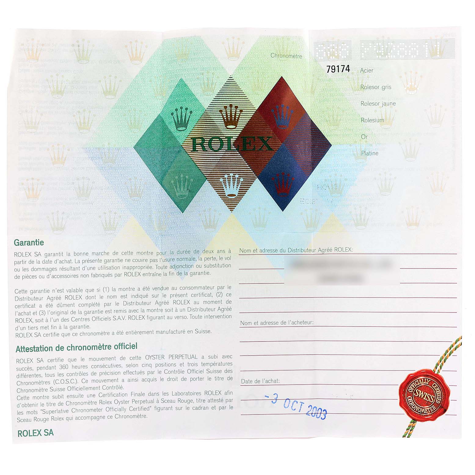 This image shows the warranty and certification paperwork for a Rolex Datejust 79174  Women
s Stainless Steel Silver Dial 79174  Women
s Stainless Steel Silver Dial model.