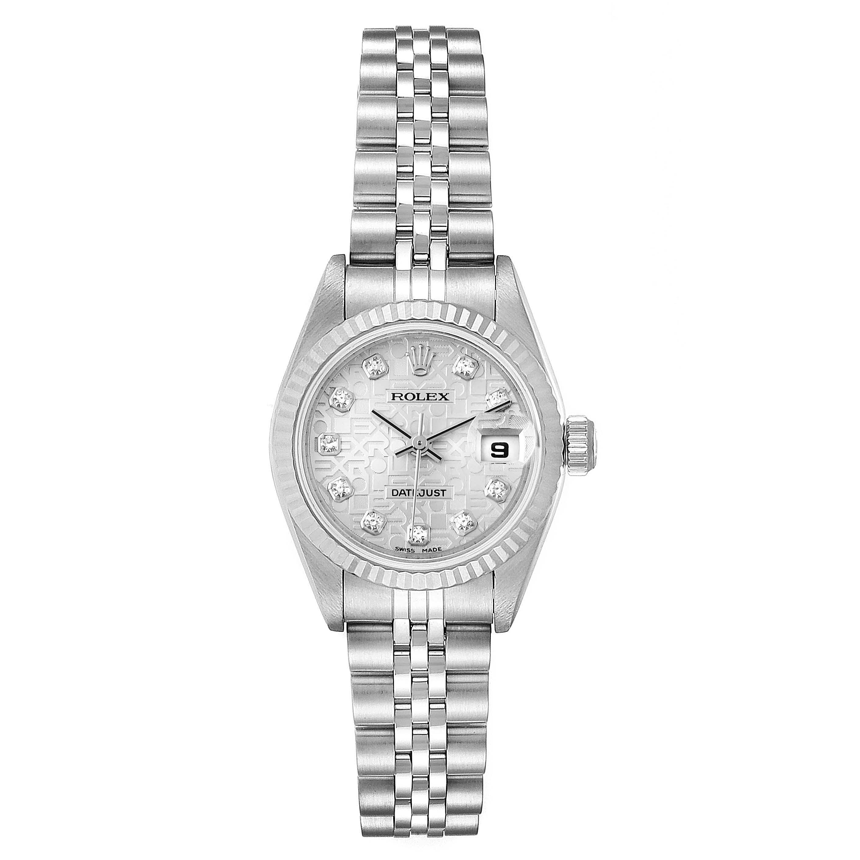 The Rolex Datejust 79174  Women
s Stainless Steel Silver Dial 79174  Women
s Stainless Steel Silver Dial watch is shown from a top-down angle, displaying the face, bracelet, and bezel.