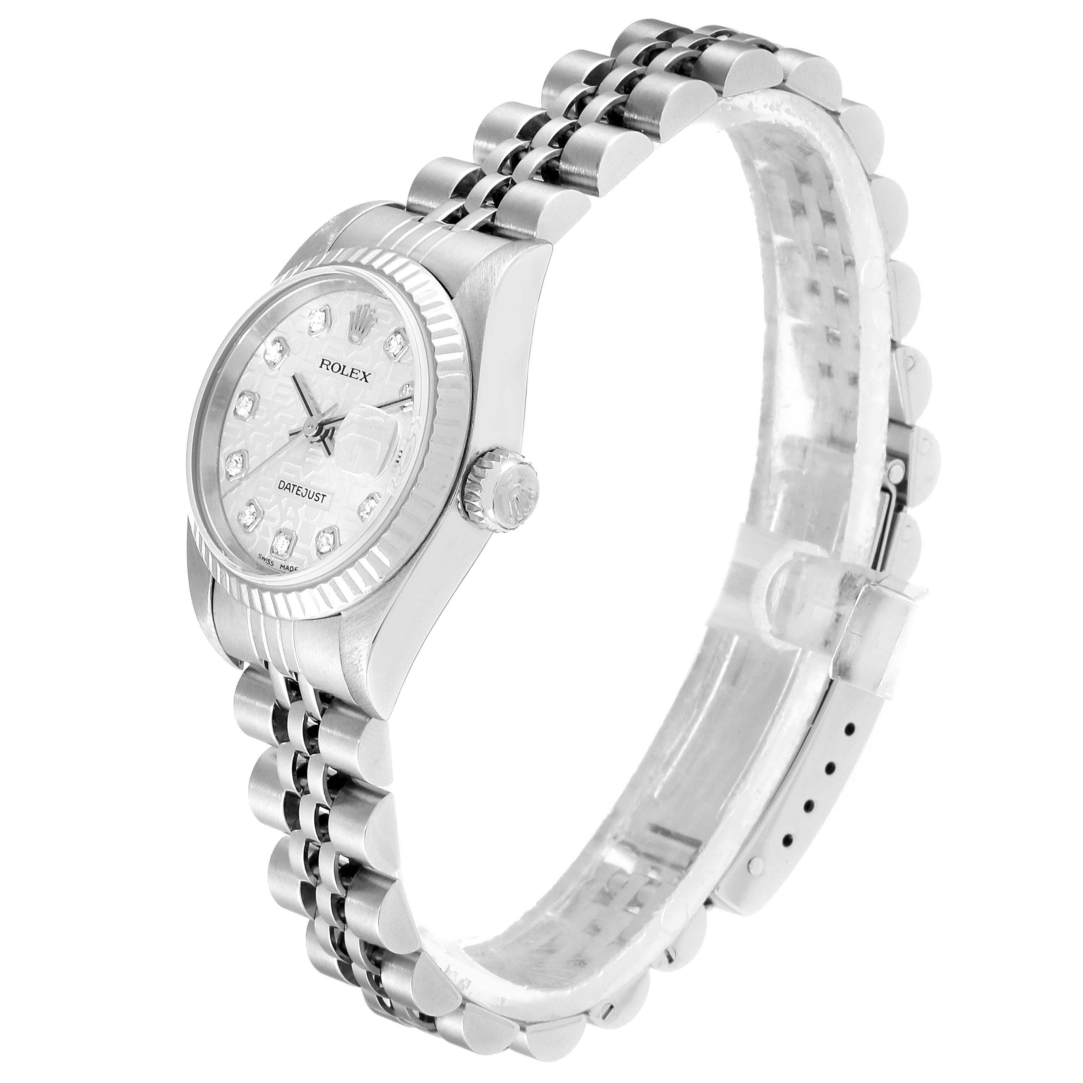 This image shows a side and partial front view of a Rolex Datejust 79174  Women
s Stainless Steel Silver Dial 79174  Women
s Stainless Steel Silver Dial watch with its case, dial, and bracelet visible.