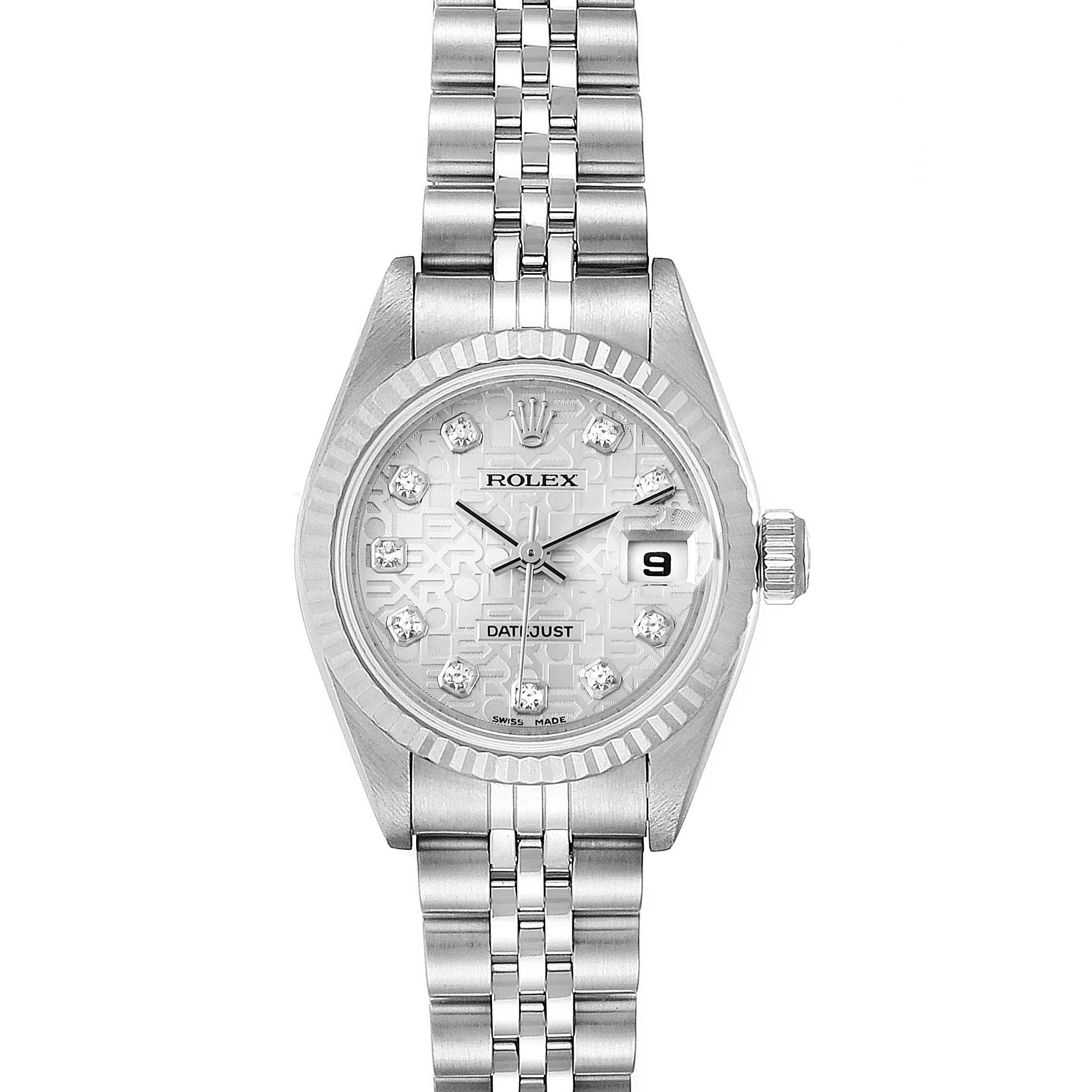The image shows a Rolex Datejust 79174  Women
s Stainless Steel Silver Dial 79174  Women
s Stainless Steel Silver Dial watch from a front-facing angle, displaying its dial, bezel, and metal bracelet.