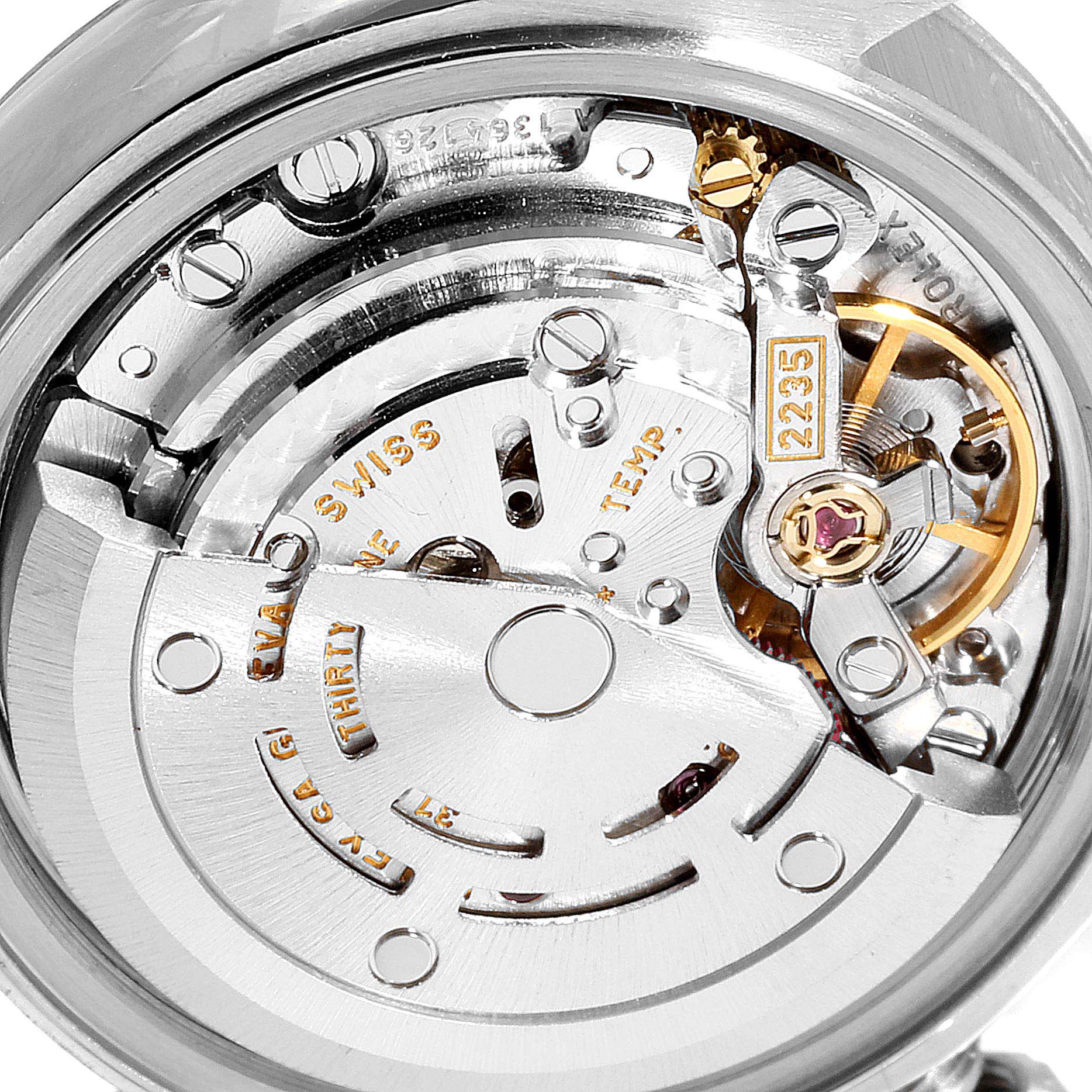 This image shows the movement and internal mechanics of the Rolex Datejust 79174  Women
s Stainless Steel Silver Dial 79174  Women
s Stainless Steel Silver Dial watch from a top-down angle.