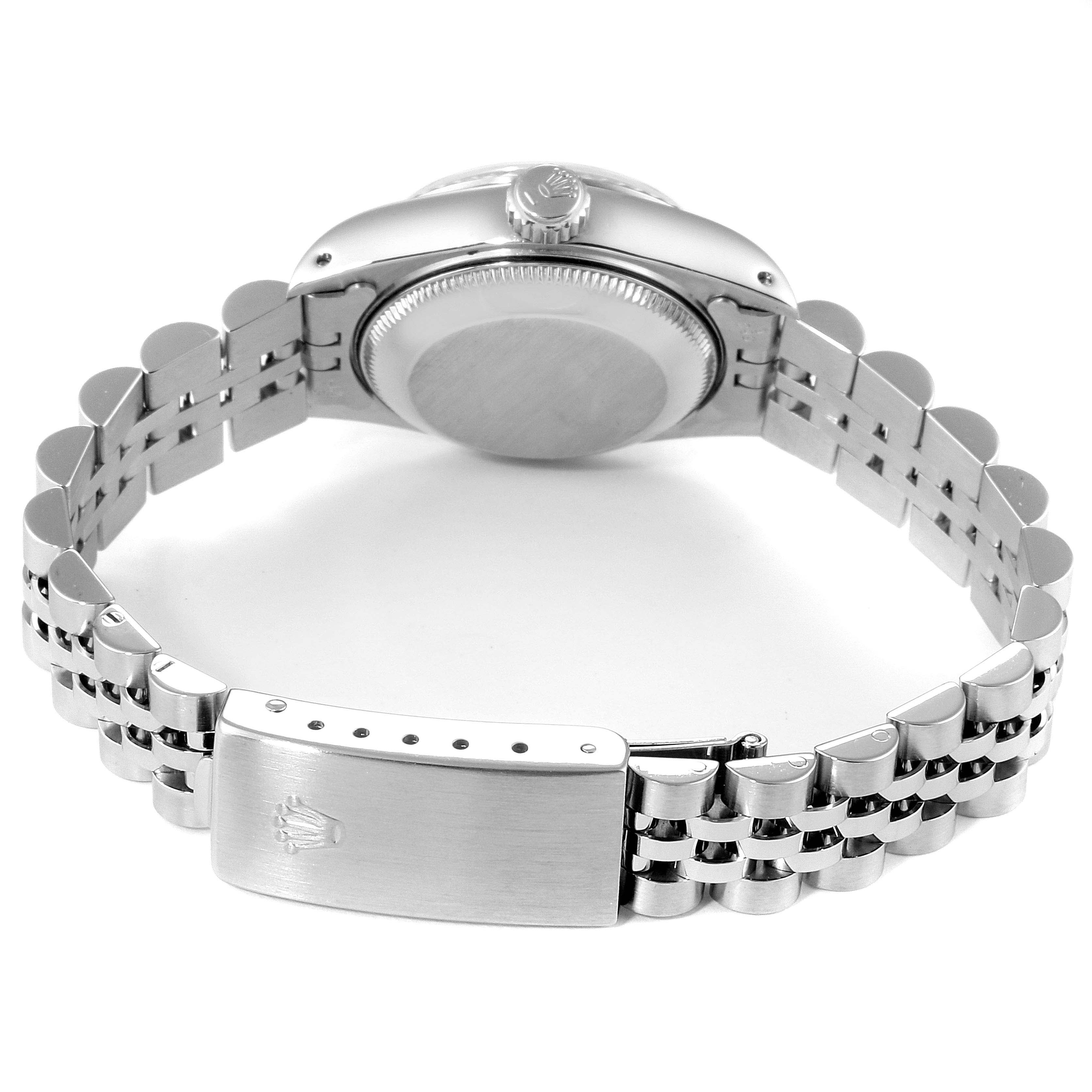 This image shows the back and clasp of the Rolex Datejust 69174 Women
s Stainless Steel Silver Dial 69174 Women
s Stainless Steel Silver Dial watch, focusing on the case back and bracelet.