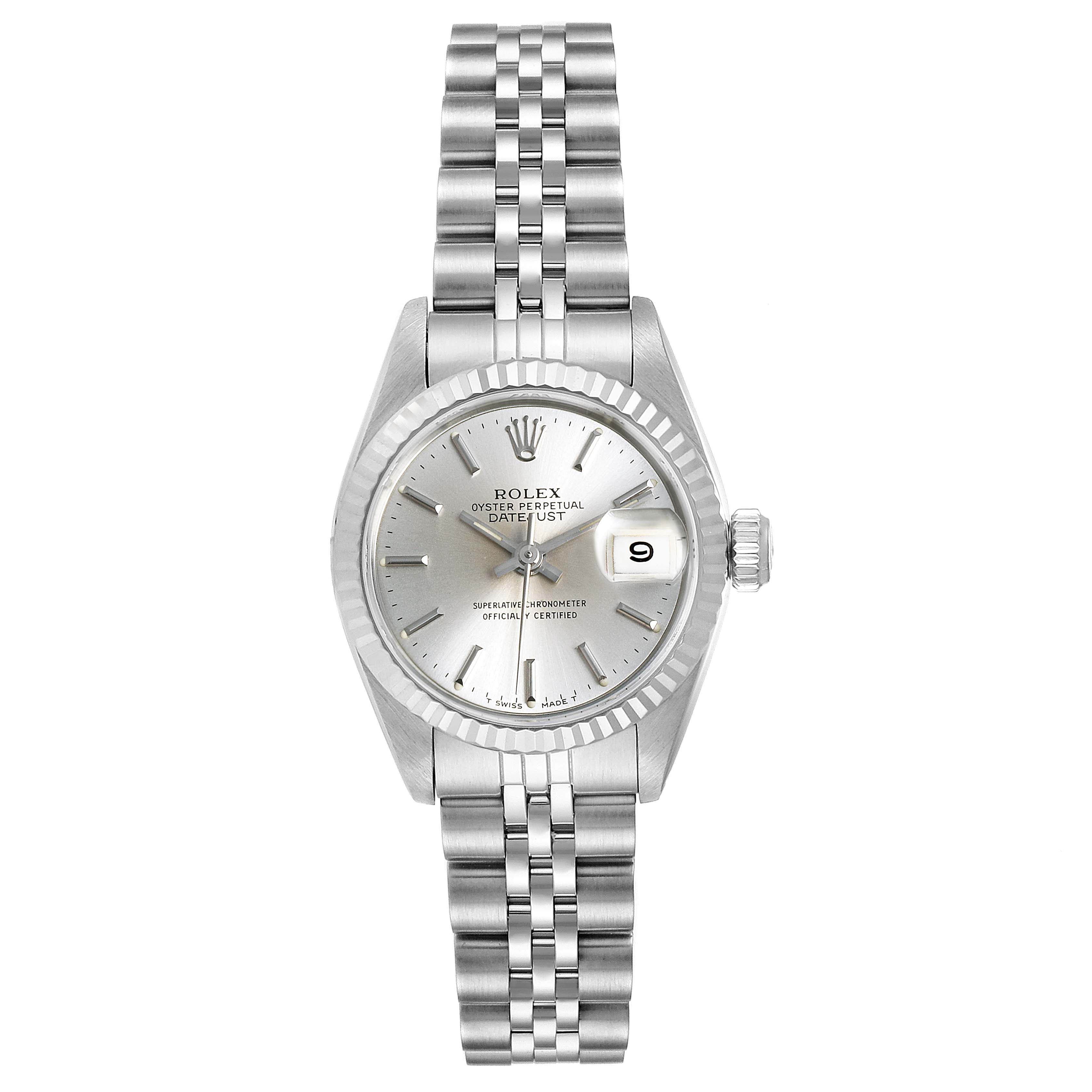 The image shows a front view of a Rolex Datejust 69174 Women
s Stainless Steel Silver Dial 69174 Women
s Stainless Steel Silver Dial watch with a silver dial and Jubilee bracelet.