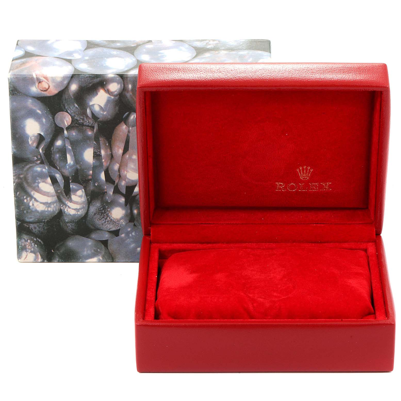 This image shows an empty, open red Rolex watch box for the Datejust model, with the outer decorative sleeve also visible.