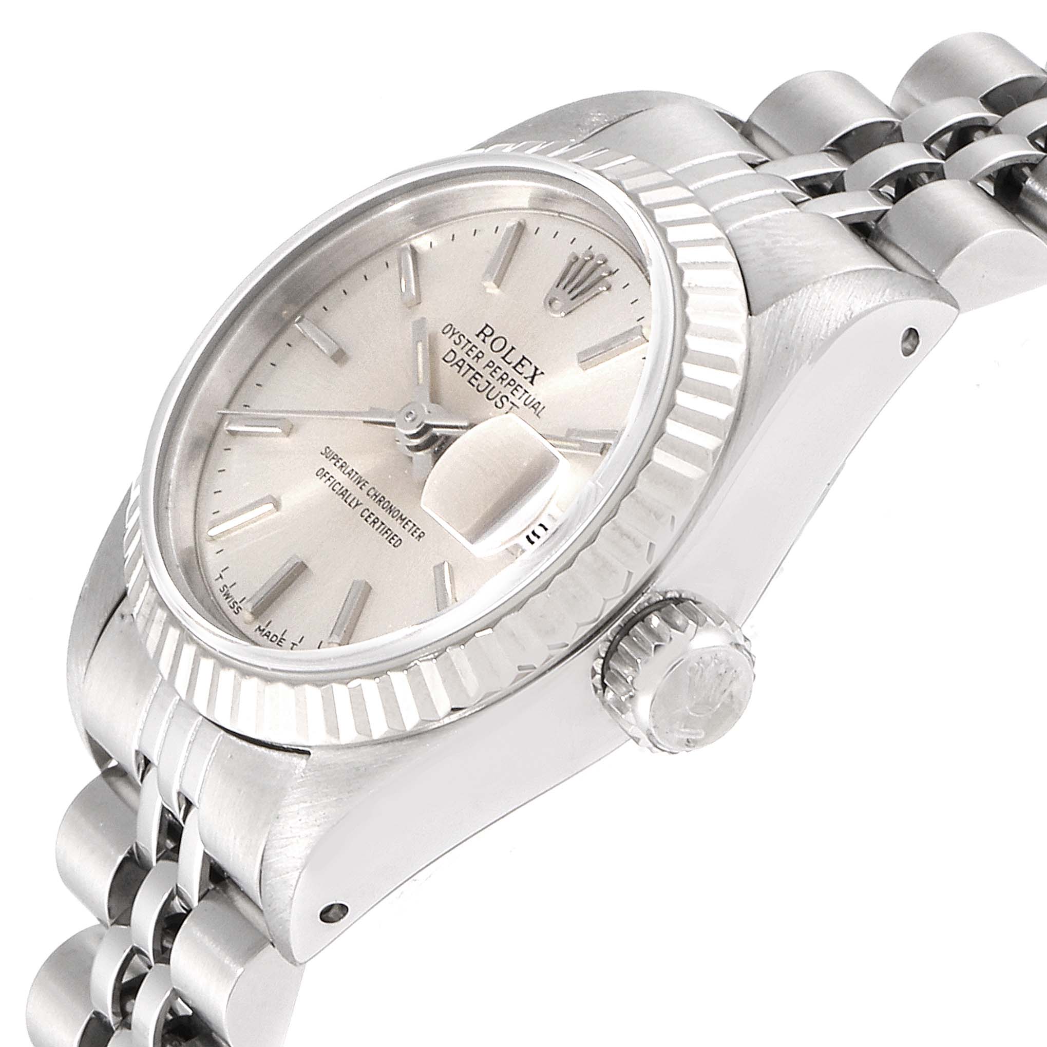 The Rolex Datejust 69174 Women
s Stainless Steel Silver Dial 69174 Women
s Stainless Steel Silver Dial watch is shown at an angled view highlighting the dial, bezel, crown, and part of the bracelet.