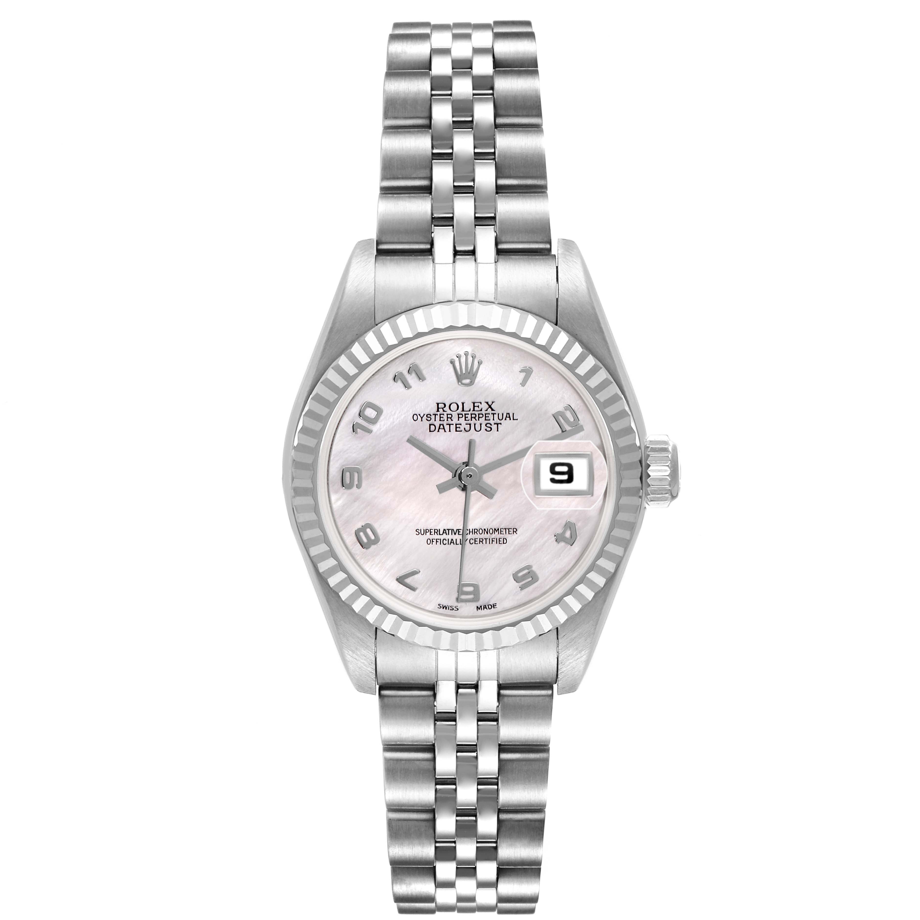 The Rolex Datejust 79174 Women
s Stainless Steel Mother of Pearl Dial 79174 Women
s Stainless Steel Mother of Pearl Dial watch is shown from the front, displaying its face, bezel, bracelet, and date indicator.