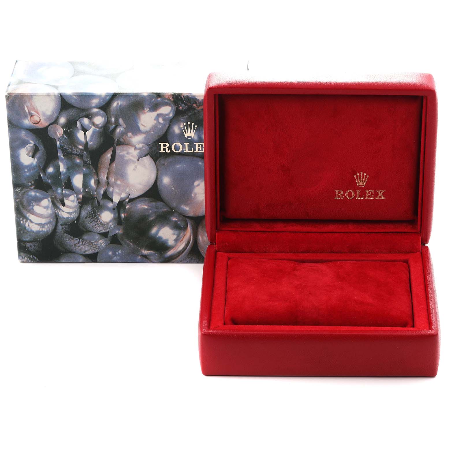 This image shows an open red Rolex watch box for a Datejust model, with the outer box featuring a pearl design.