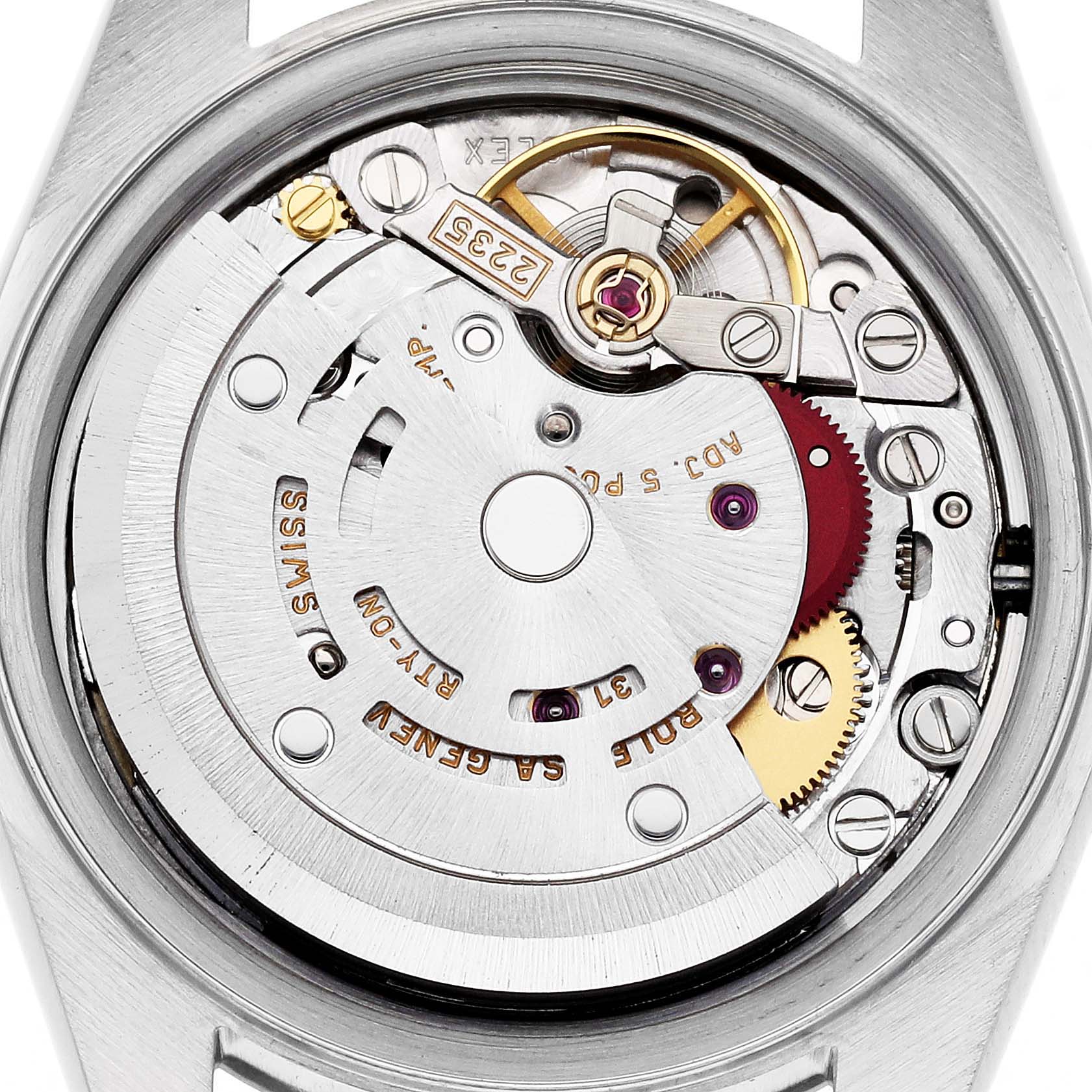 The image shows the movement of a Rolex Datejust 79174 Women
s Stainless Steel Mother of Pearl Dial 79174 Women
s Stainless Steel Mother of Pearl Dial watch viewed from the back, highlighting its intricate mechanics.
