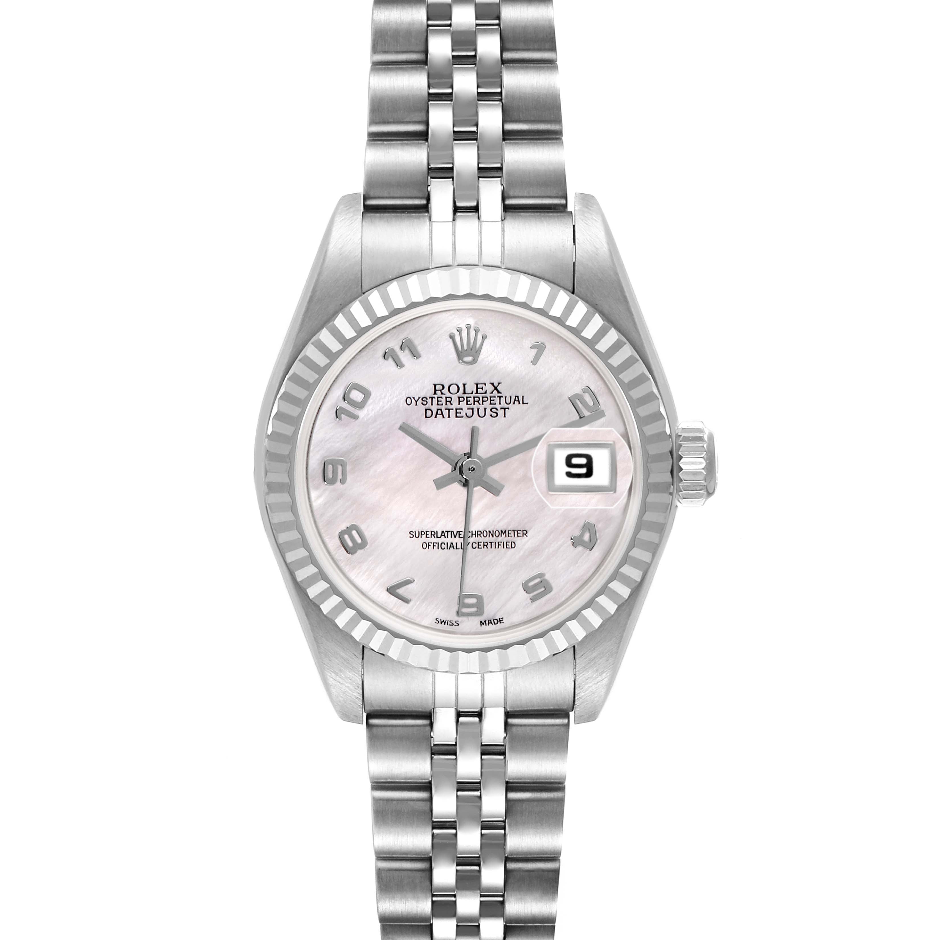 The Rolex Datejust 79174 Women
s Stainless Steel Mother of Pearl Dial 79174 Women
s Stainless Steel Mother of Pearl Dial model is shown from a front angle, displaying the dial, fluted bezel, and Jubilee bracelet.