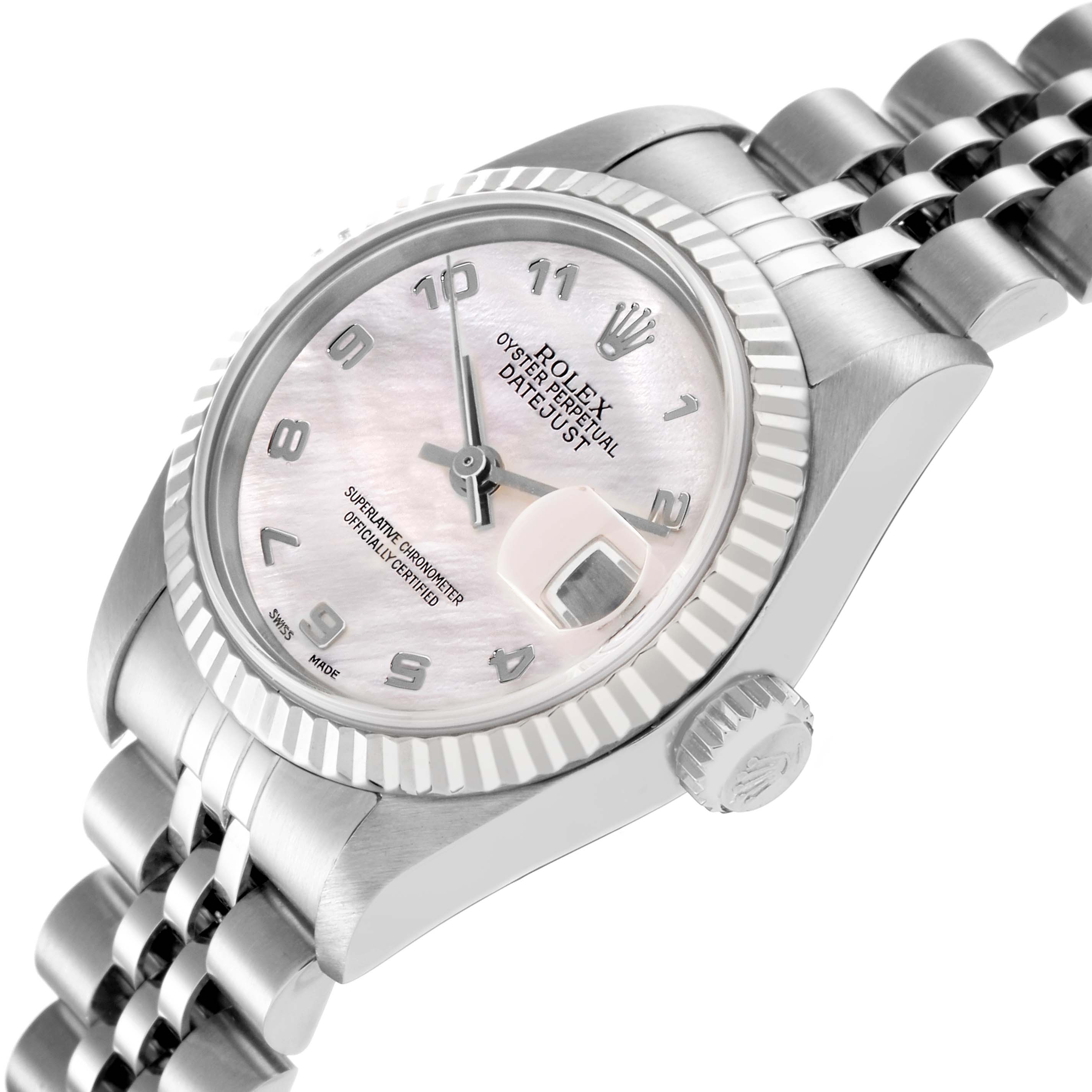 The Rolex Datejust 79174 Women
s Stainless Steel Mother of Pearl Dial 79174 Women
s Stainless Steel Mother of Pearl Dial watch is shown at a tilted angle, highlighting the face, fluted bezel, crown, and part of the bracelet.