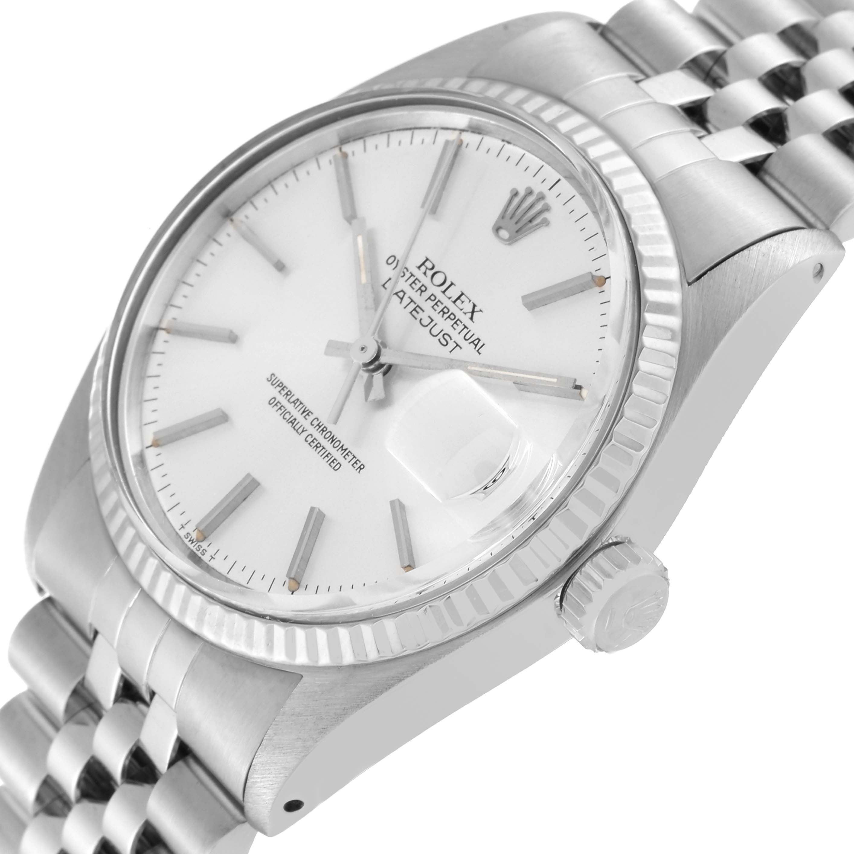 The image shows a close-up angled view of a Rolex Datejust 16014 Men's Stainless Steel Silver Dial 16014 Men's Stainless Steel Silver Dial watch, highlighting the dial, crown, and Jubilee bracelet.