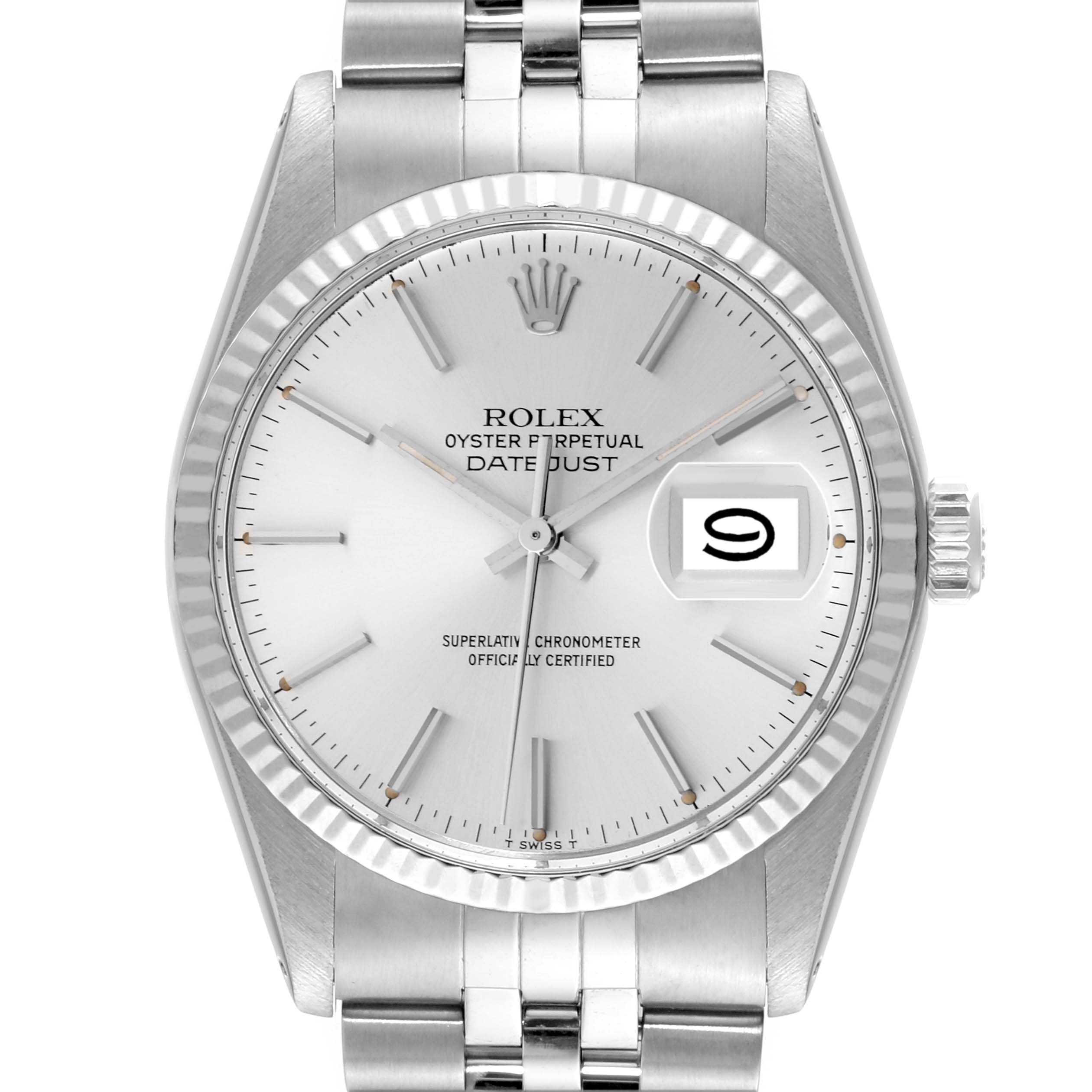 The image shows a front angle of a Rolex Datejust 16014 Men's Stainless Steel Silver Dial 16014 Men's Stainless Steel Silver Dial watch, highlighting the dial, bezel, crown, and part of the bracelet.