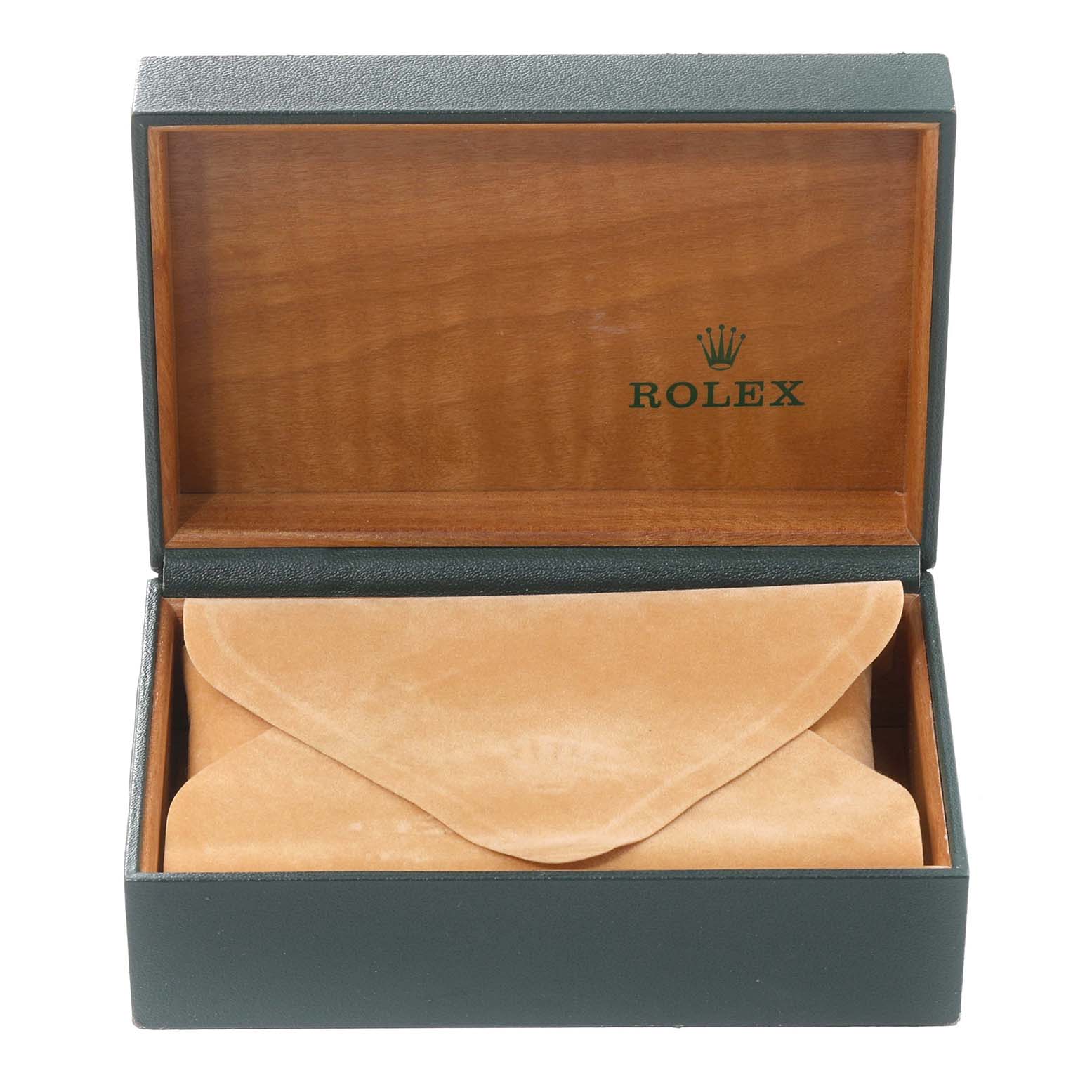 The image shows an open Rolex Datejust 16014 Men's Stainless Steel Silver Dial 16014 Men's Stainless Steel Silver Dial watch box, revealing an envelope or pouch inside.