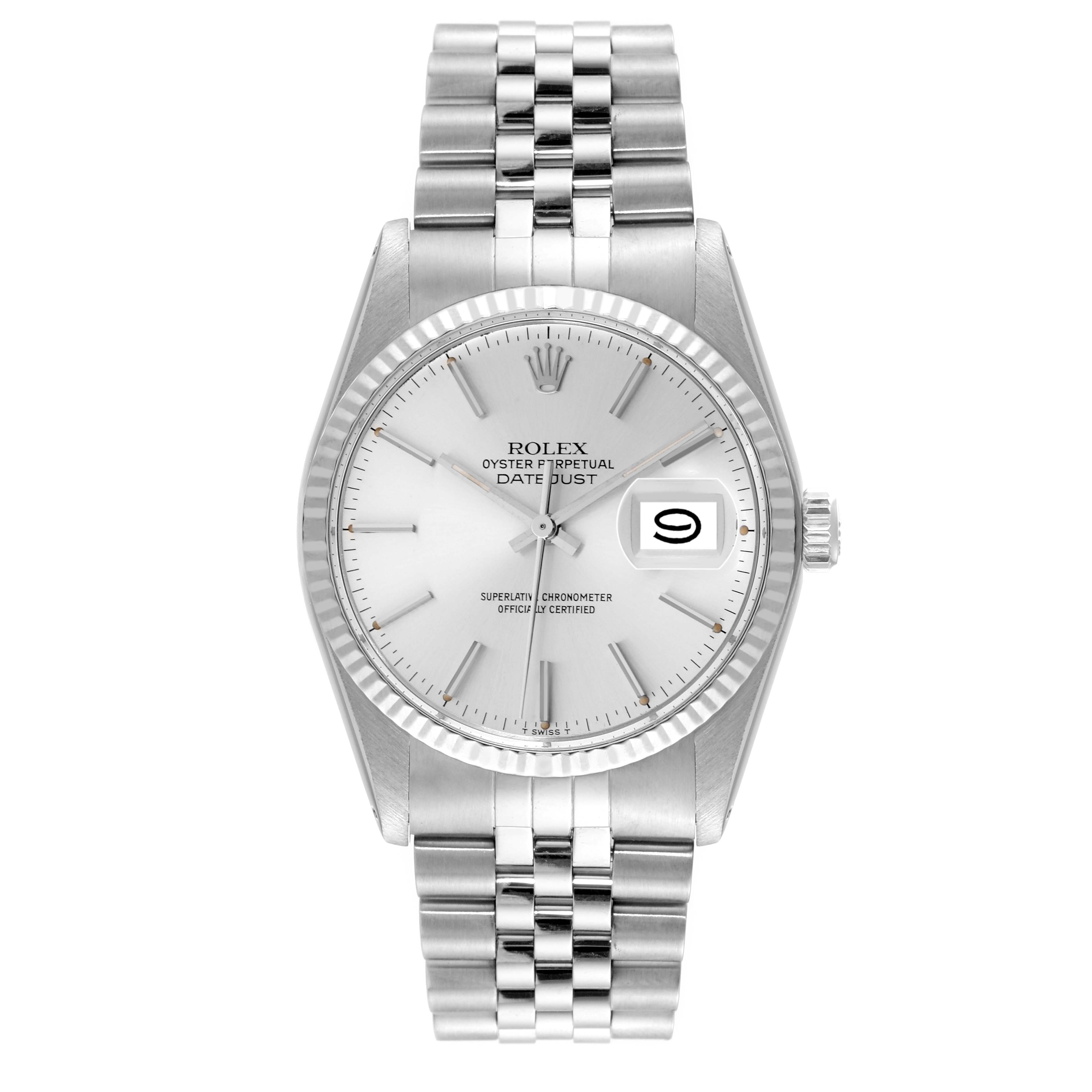 This image shows a front view of a Rolex Datejust 16014 Men's Stainless Steel Silver Dial 16014 Men's Stainless Steel Silver Dial watch, displaying its face, bezel, and bracelet.