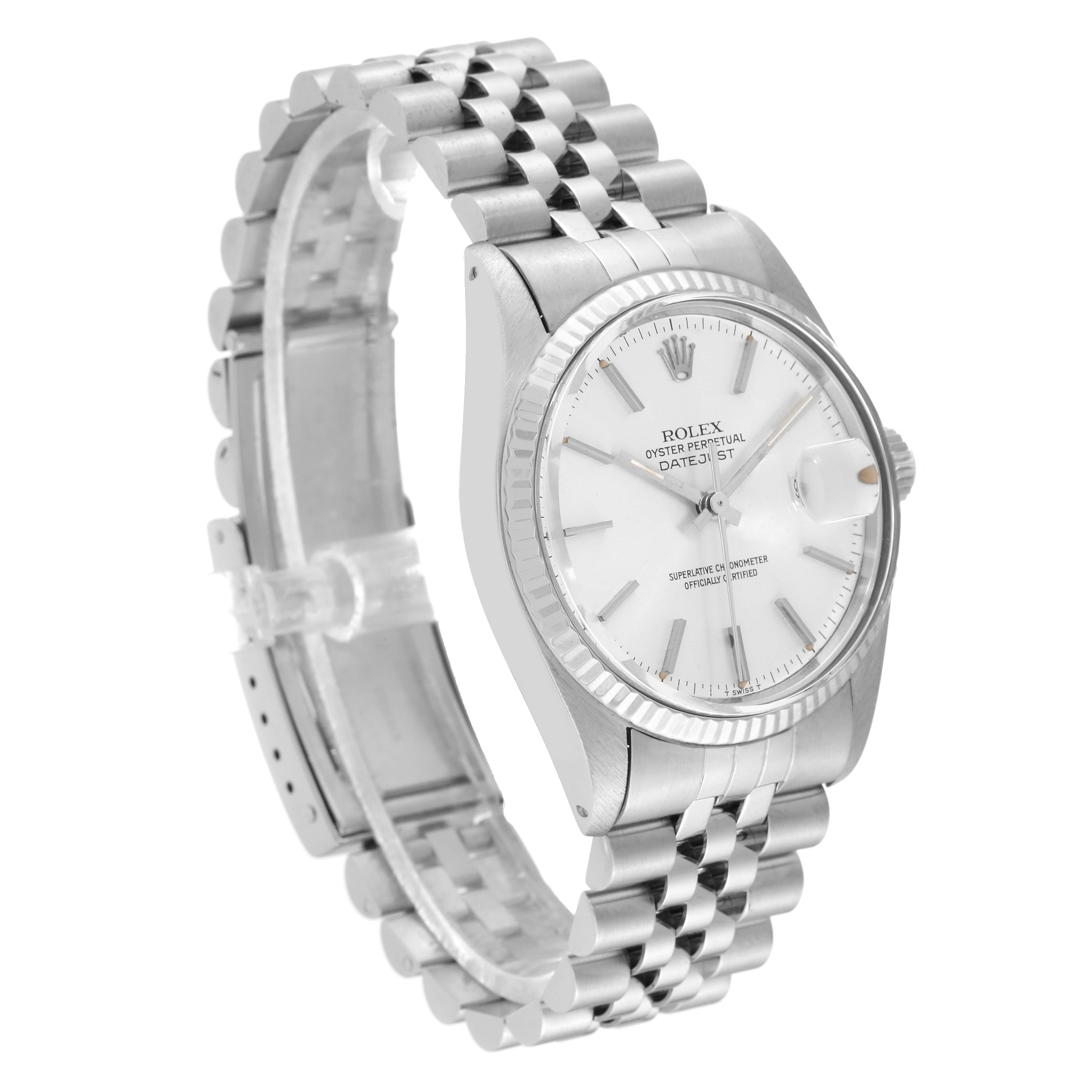 The image shows a Rolex Datejust 16014 Men's Stainless Steel Silver Dial 16014 Men's Stainless Steel Silver Dial watch at a slight angle, highlighting the dial, bracelet, and case.