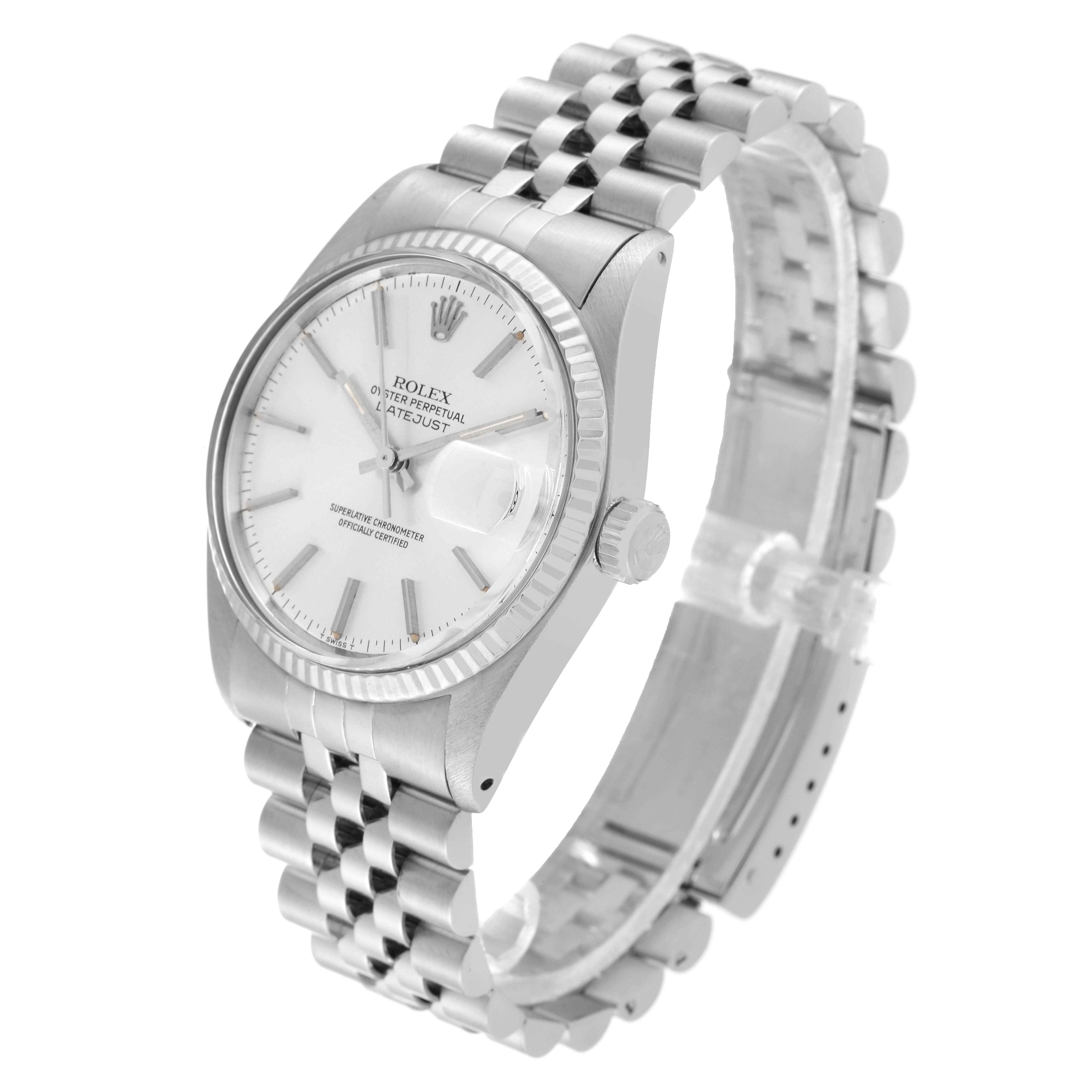This image shows a Rolex Datejust 16014 Men's Stainless Steel Silver Dial 16014 Men's Stainless Steel Silver Dial watch at a three-quarter angle displaying the face, bracelet, and crown.