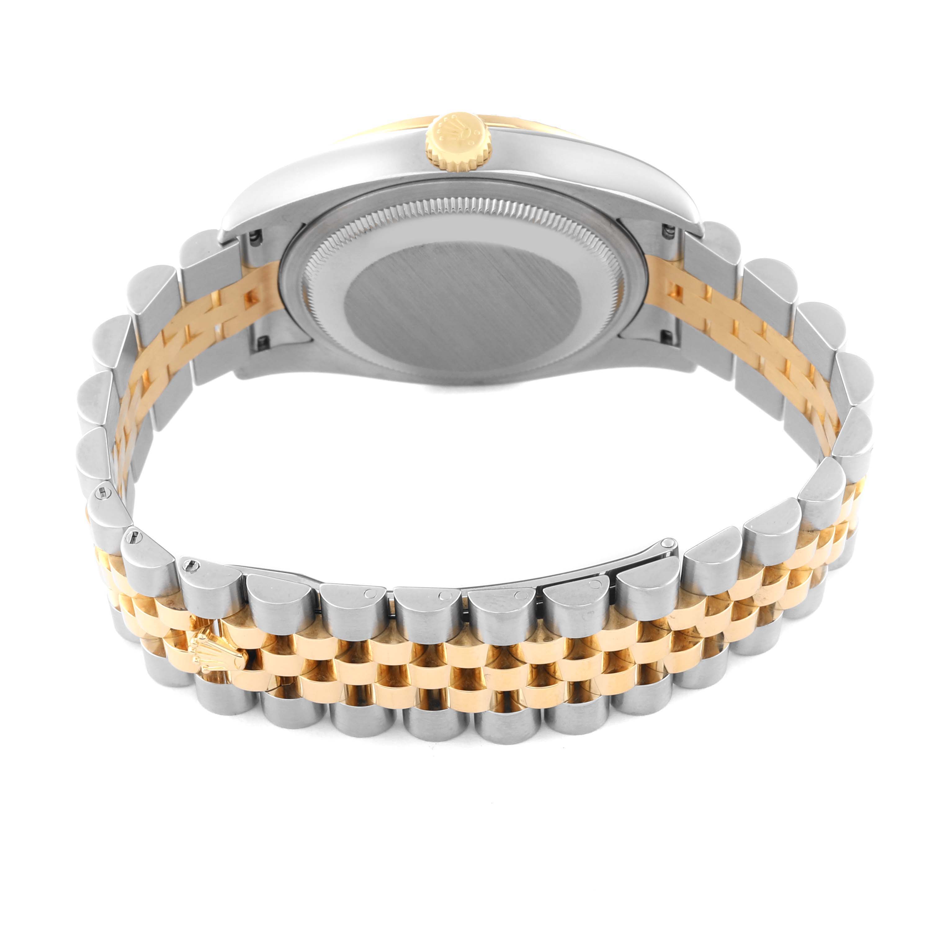 This image shows the back view of a Rolex Datejust 116243 Men
s Steel and Gold (two tone) Silver Dial 116243 Men
s Steel and Gold (two tone) Silver Dial watch, highlighting the case back and the two-tone bracelet.