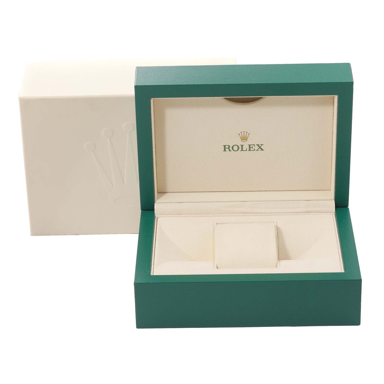 The image shows an open green and cream Rolex box with the logo, designed for the Datejust model.