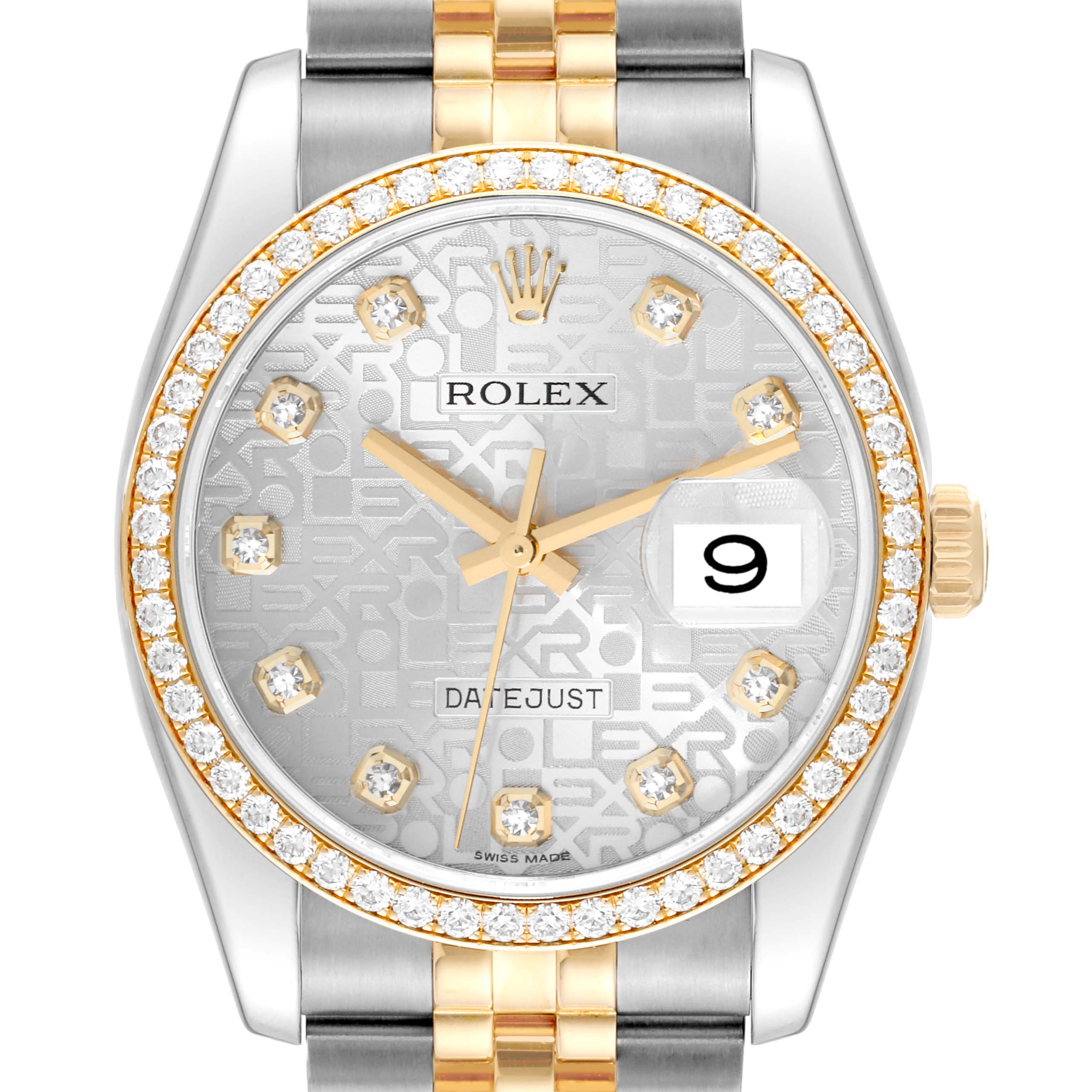 The image shows a front view of a Rolex Datejust 116243 Men
s Steel and Gold (two tone) Silver Dial 116243 Men
s Steel and Gold (two tone) Silver Dial watch featuring a diamond-studded bezel and a date display at 3 o
clock.