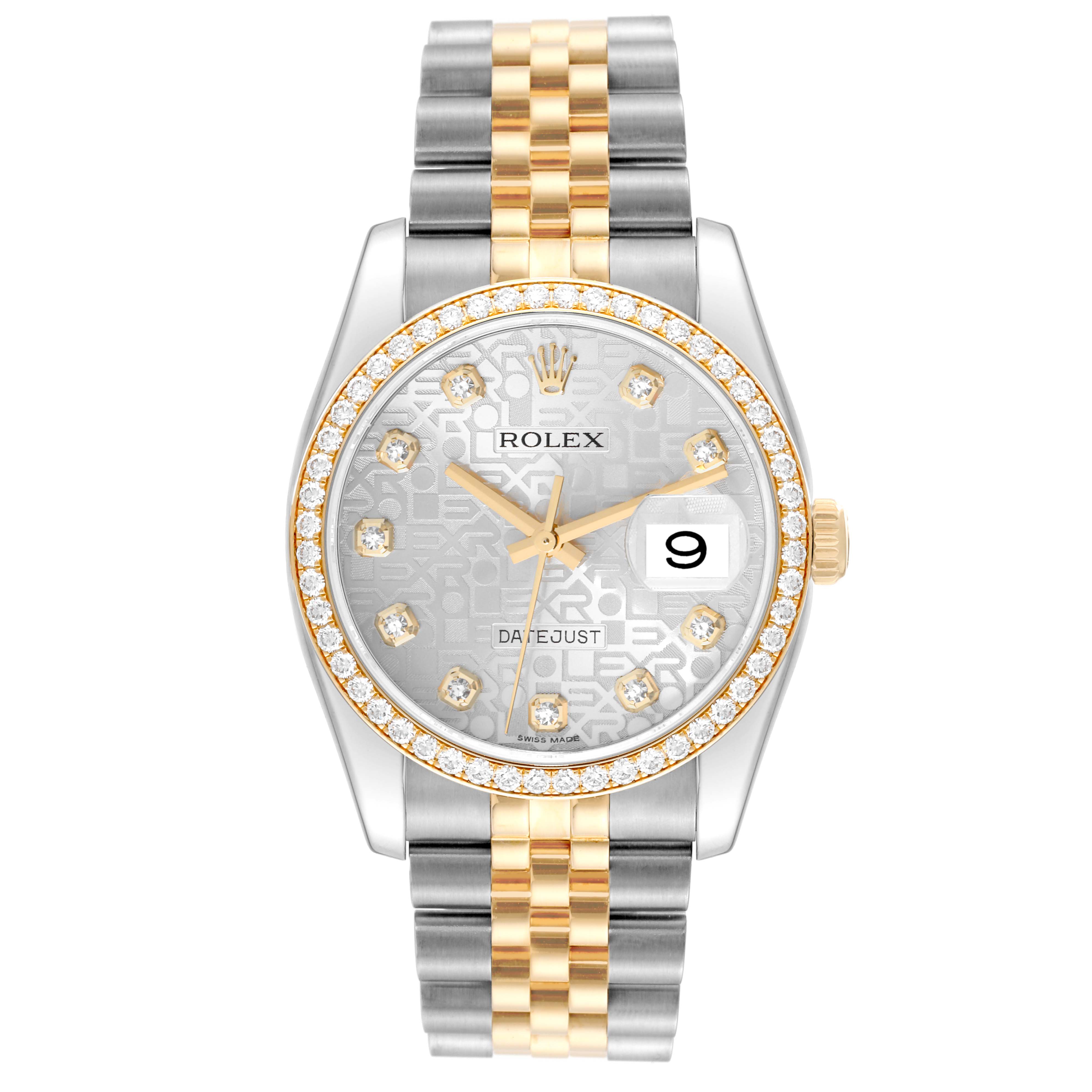 The image shows a frontal view of a Rolex Datejust 116243 Men
s Steel and Gold (two tone) Silver Dial 116243 Men
s Steel and Gold (two tone) Silver Dial watch with a two-tone bracelet and a diamond-set bezel.