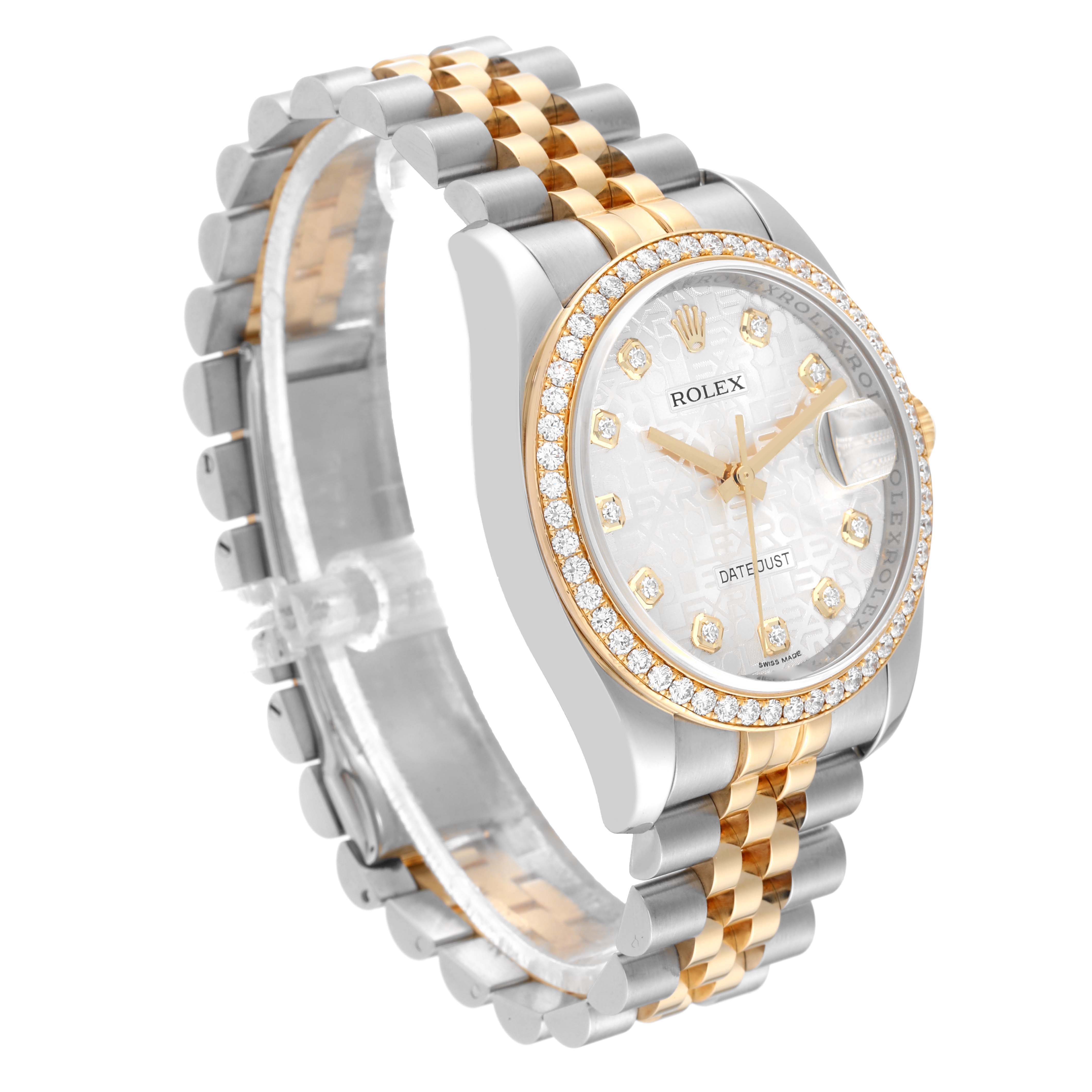 This image shows a Rolex Datejust 116243 Men
s Steel and Gold (two tone) Silver Dial 116243 Men
s Steel and Gold (two tone) Silver Dial watch at a three-quarter angle, highlighting its two-tone bracelet and diamond-accented bezel.