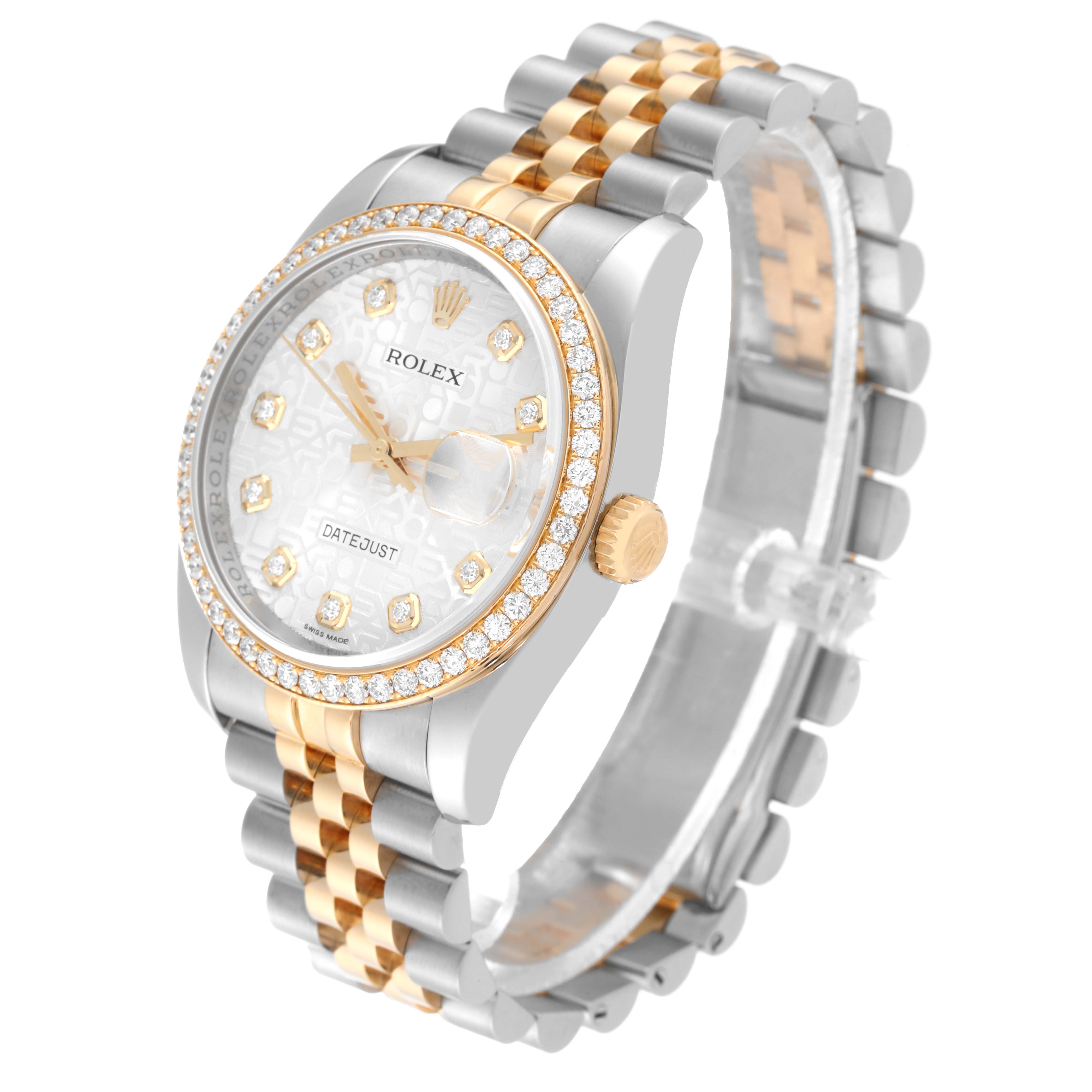 The image shows a Rolex Datejust 116243 Men
s Steel and Gold (two tone) Silver Dial 116243 Men
s Steel and Gold (two tone) Silver Dial watch from a left-side angle, highlighting the face, bezel, crown, and two-tone bracelet.