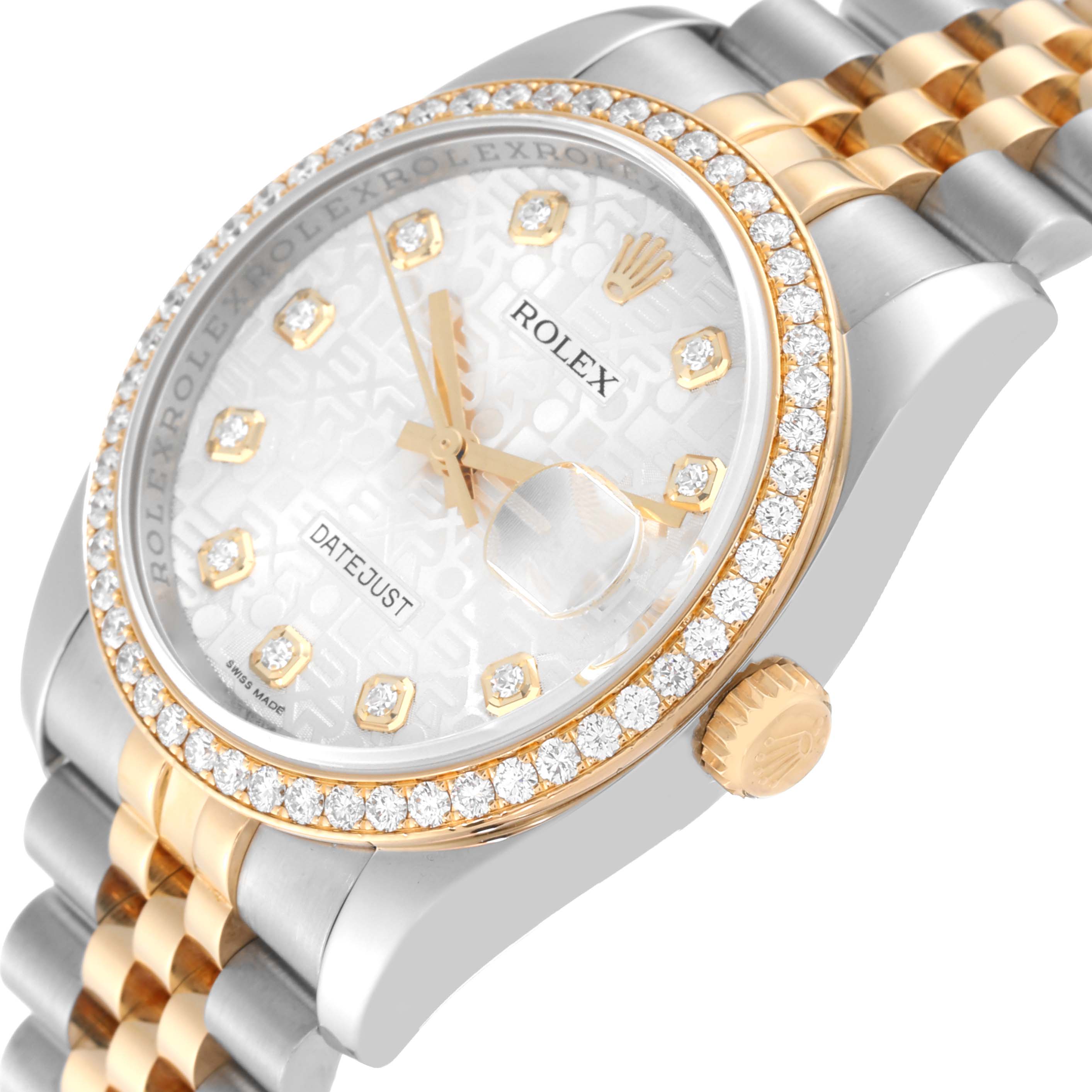 This image shows a Rolex Datejust 116243 Men
s Steel and Gold (two tone) Silver Dial 116243 Men
s Steel and Gold (two tone) Silver Dial watch
s face, bezel, and crown at a slight angle.