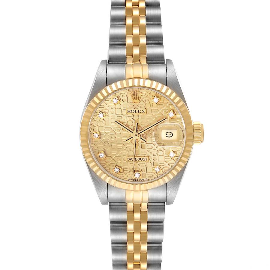 The Rolex Datejust watch is shown from a top-down angle, highlighting the gold dial, bezel, two-tone bracelet, and date feature.