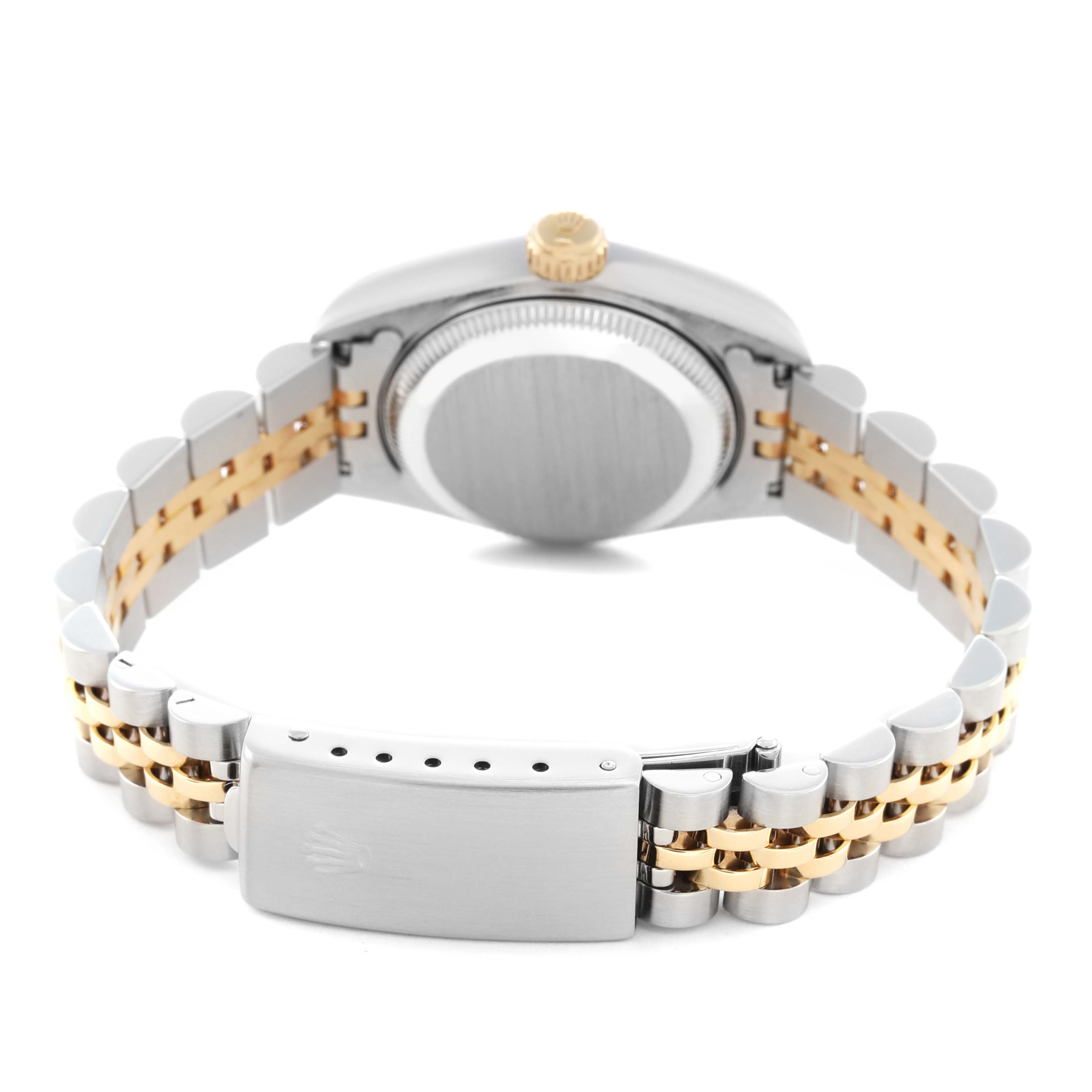 The image shows the backside of a Rolex Datejust 69173 Women
s Steel and Gold (two tone) Champagne Dial 69173 Women
s Steel and Gold (two tone) Champagne Dial watch, highlighting the bracelet and clasp.