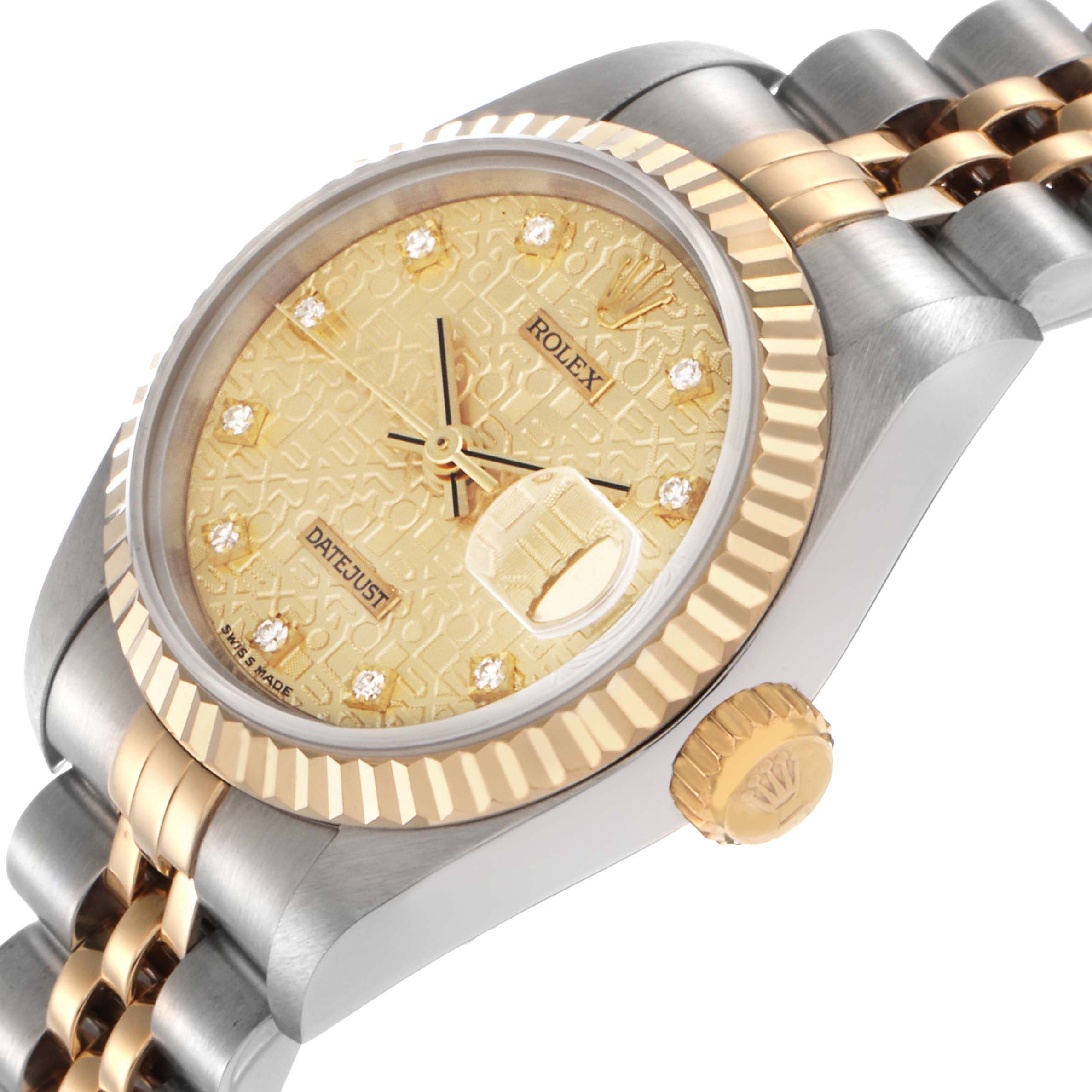 The Rolex Datejust 69173 Women
s Steel and Gold (two tone) Champagne Dial 69173 Women
s Steel and Gold (two tone) Champagne Dial watch is shown from an angled side view, displaying its gold bezel, dial, and bi-metal bracelet.