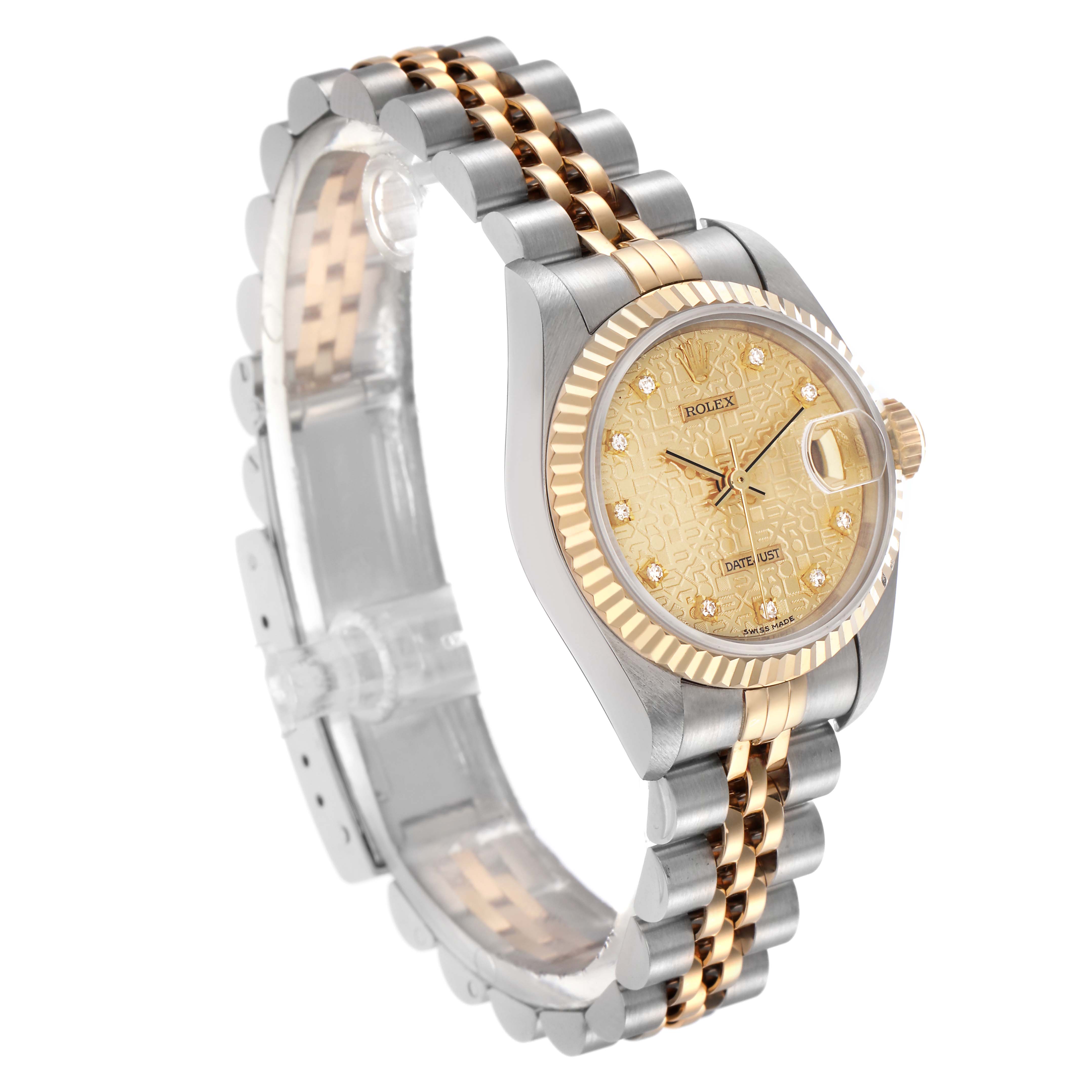 The Rolex Datejust 69173 Women
s Steel and Gold (two tone) Champagne Dial 69173 Women
s Steel and Gold (two tone) Champagne Dial watch is shown at a three-quarter angle, featuring a gold and silver bracelet, bezel, and dial with diamond hour markers.