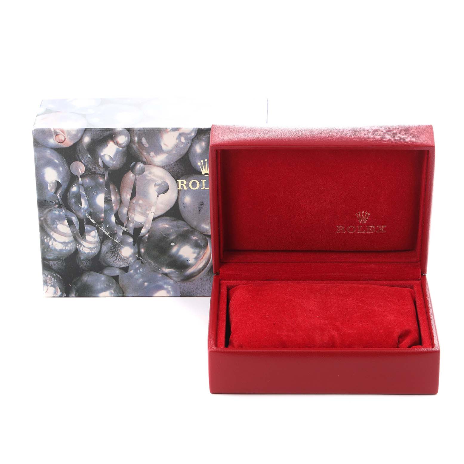 The image shows a red Rolex Datejust 69173 Women
s Steel and Gold (two tone) Champagne Dial 69173 Women
s Steel and Gold (two tone) Champagne Dial watch box, open, with a decorative outer box on the left.