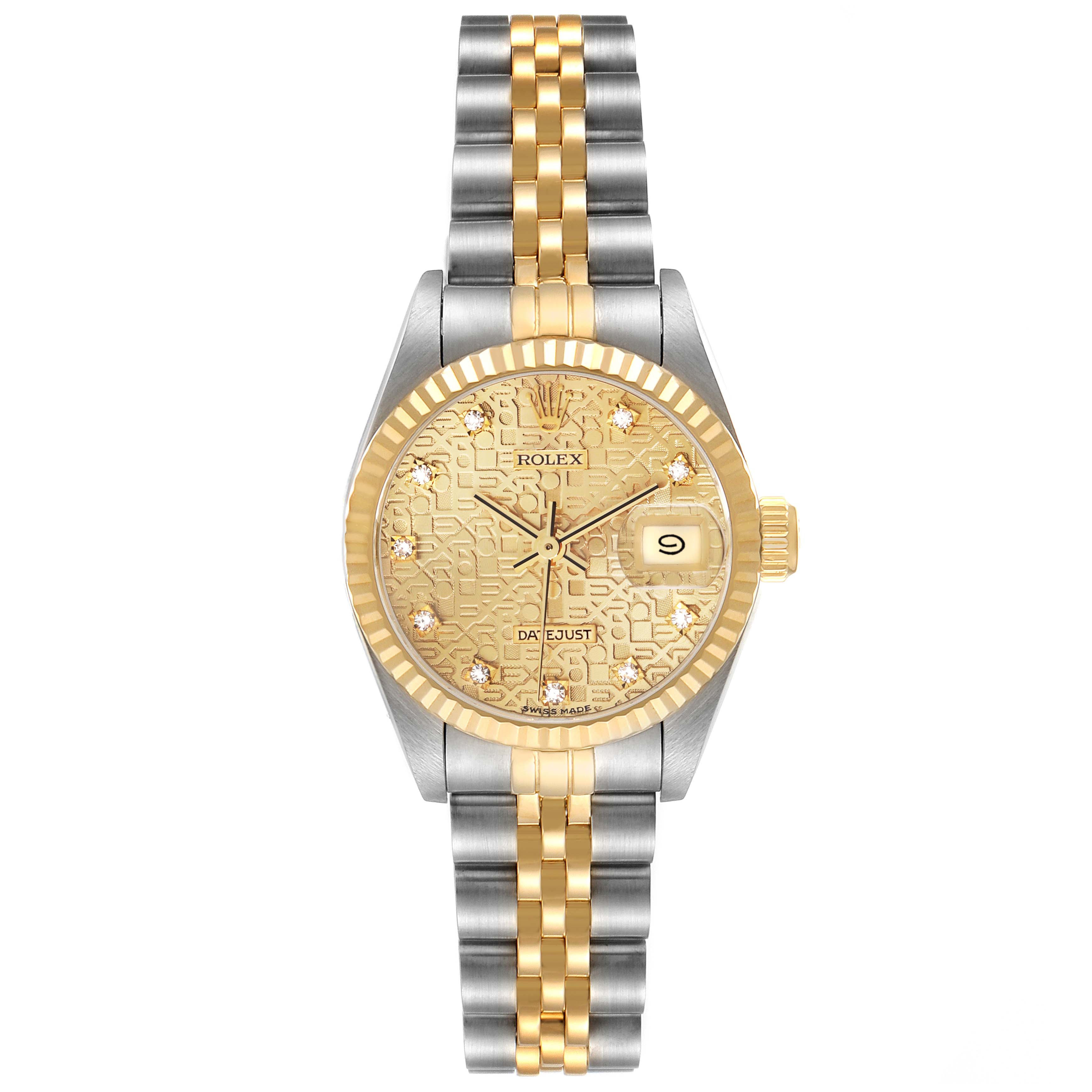 The Rolex Datejust 69173 Women
s Steel and Gold (two tone) Champagne Dial 69173 Women
s Steel and Gold (two tone) Champagne Dial watch is shown from a front angle, highlighting the gold dial, fluted bezel, and two-tone bracelet.