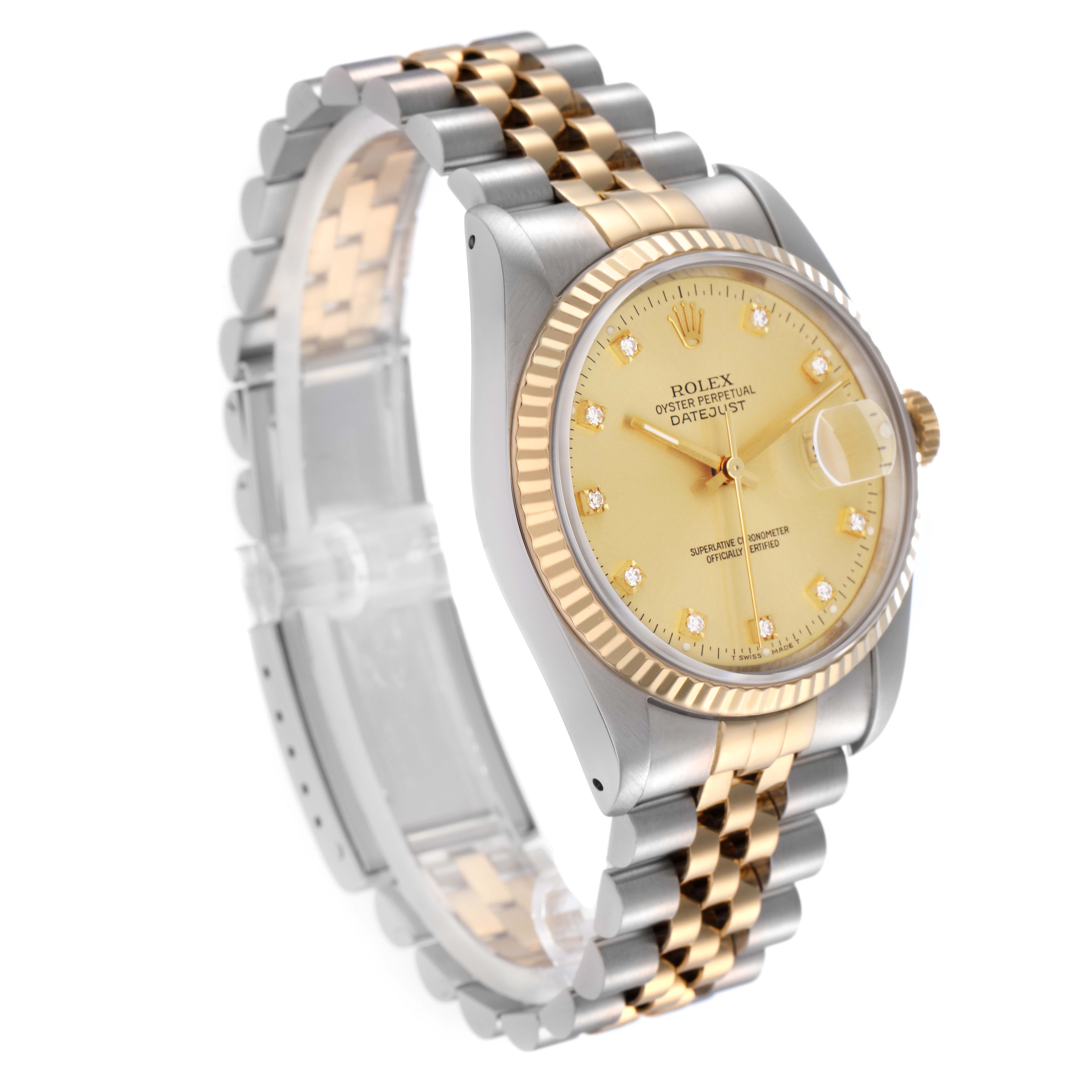 The Rolex Datejust 16233 Men
s Steel and Gold (two tone) Champagne Dial 16233 Men
s Steel and Gold (two tone) Champagne Dial is angled to show the face, fluted bezel, diamond markers, jubilee bracelet, and crown.