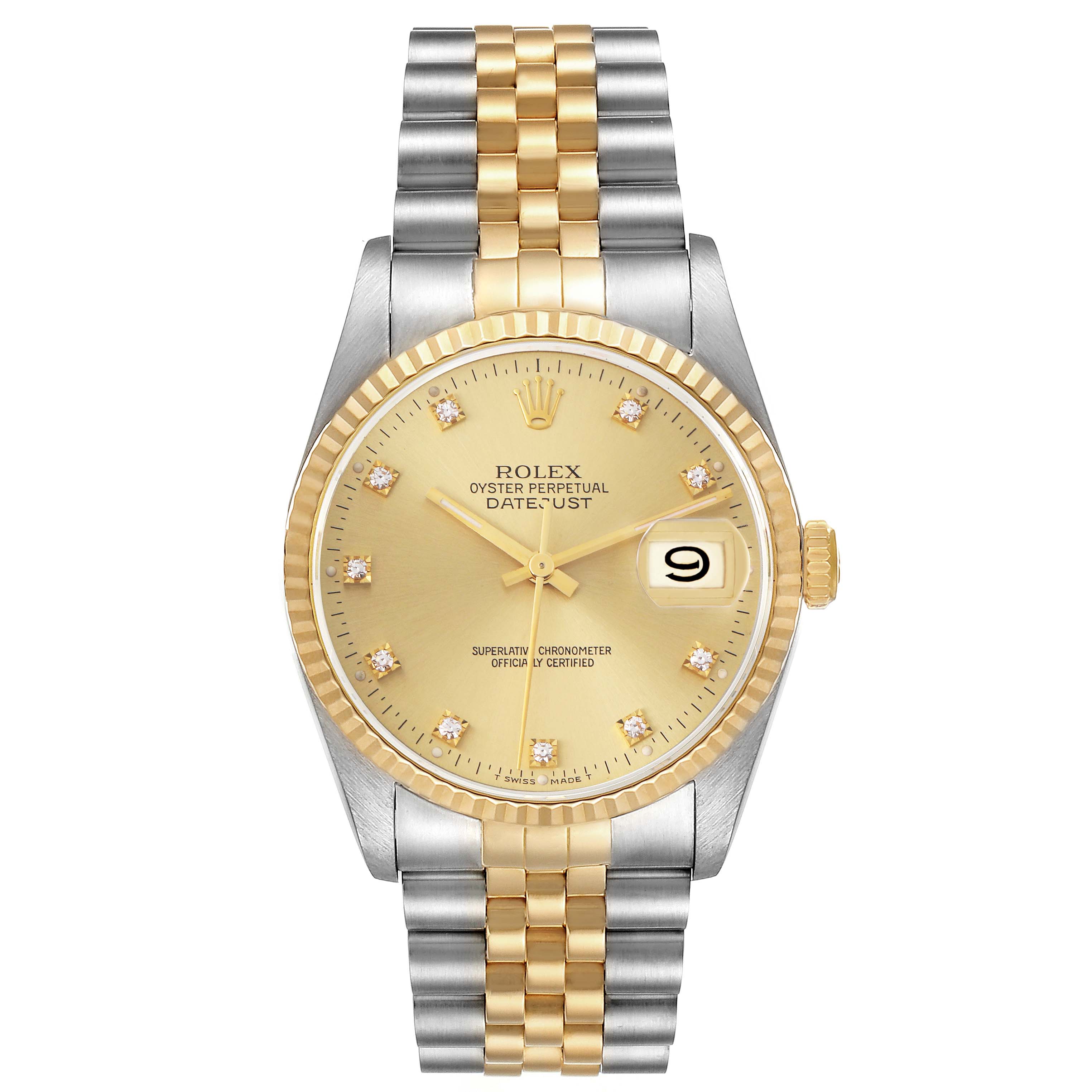 The Rolex Datejust 16233 Men
s Steel and Gold (two tone) Champagne Dial 16233 Men
s Steel and Gold (two tone) Champagne Dial watch is shown from a front angle, displaying the dial, bezel, hands, crown, and bracelet.