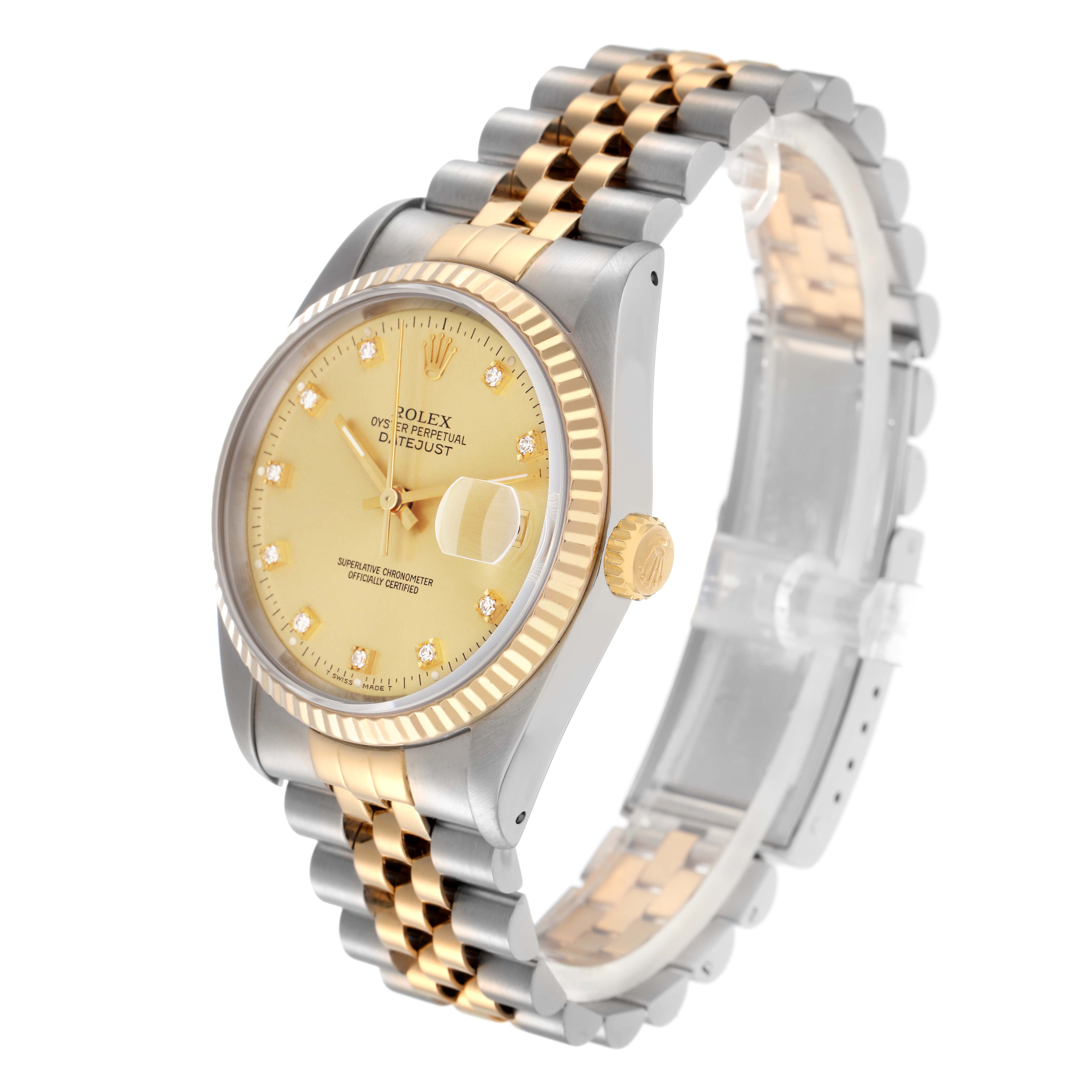 The Rolex Datejust 16233 Men
s Steel and Gold (two tone) Champagne Dial 16233 Men
s Steel and Gold (two tone) Champagne Dial watch is shown at a three-quarter angle, highlighting the dial, bezel, crown, and bracelet.