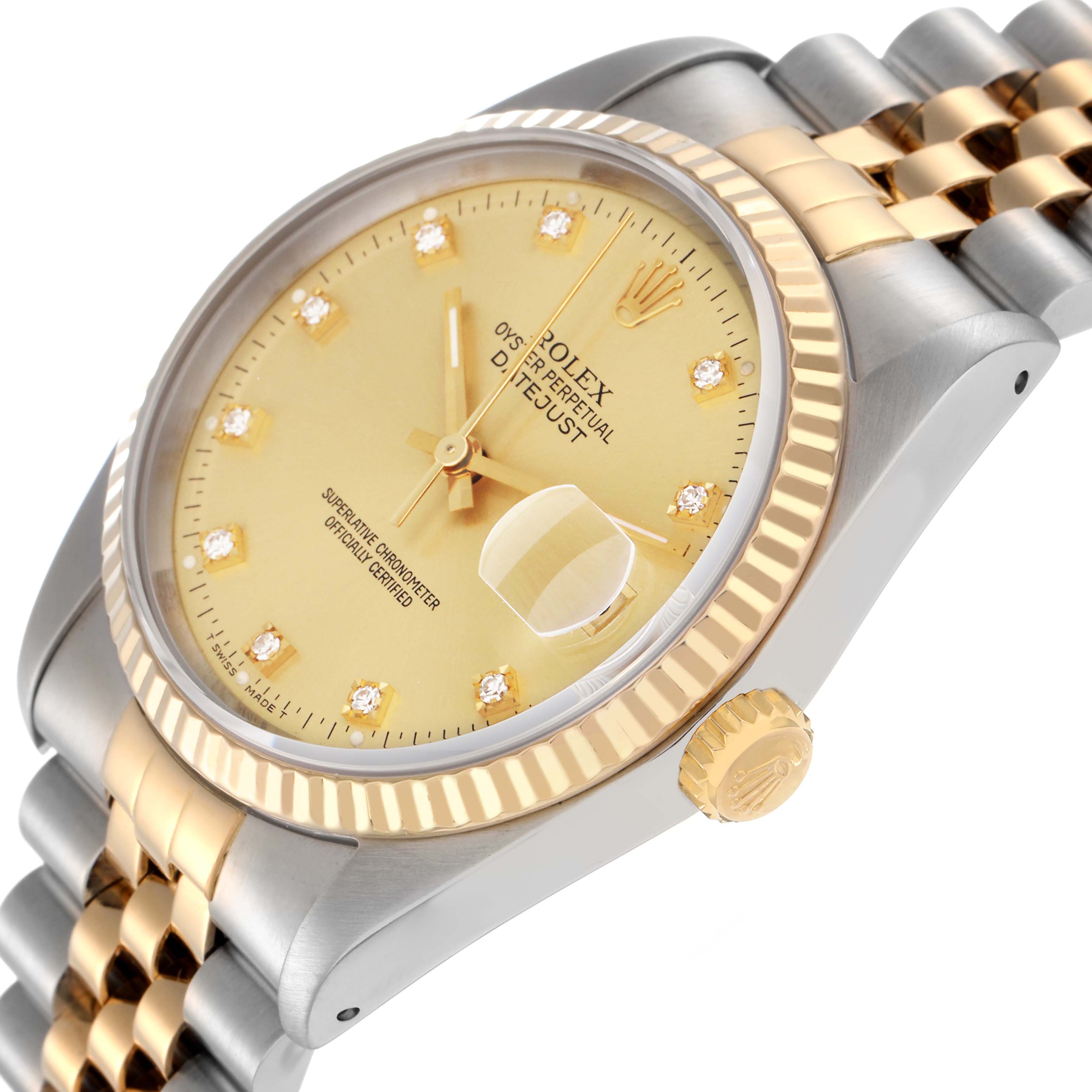 The Rolex Datejust 16233 Men
s Steel and Gold (two tone) Champagne Dial 16233 Men
s Steel and Gold (two tone) Champagne Dial watch is shown at an angled view, highlighting the gold bezel, crown, and bracelet, with a clear view of the dial.